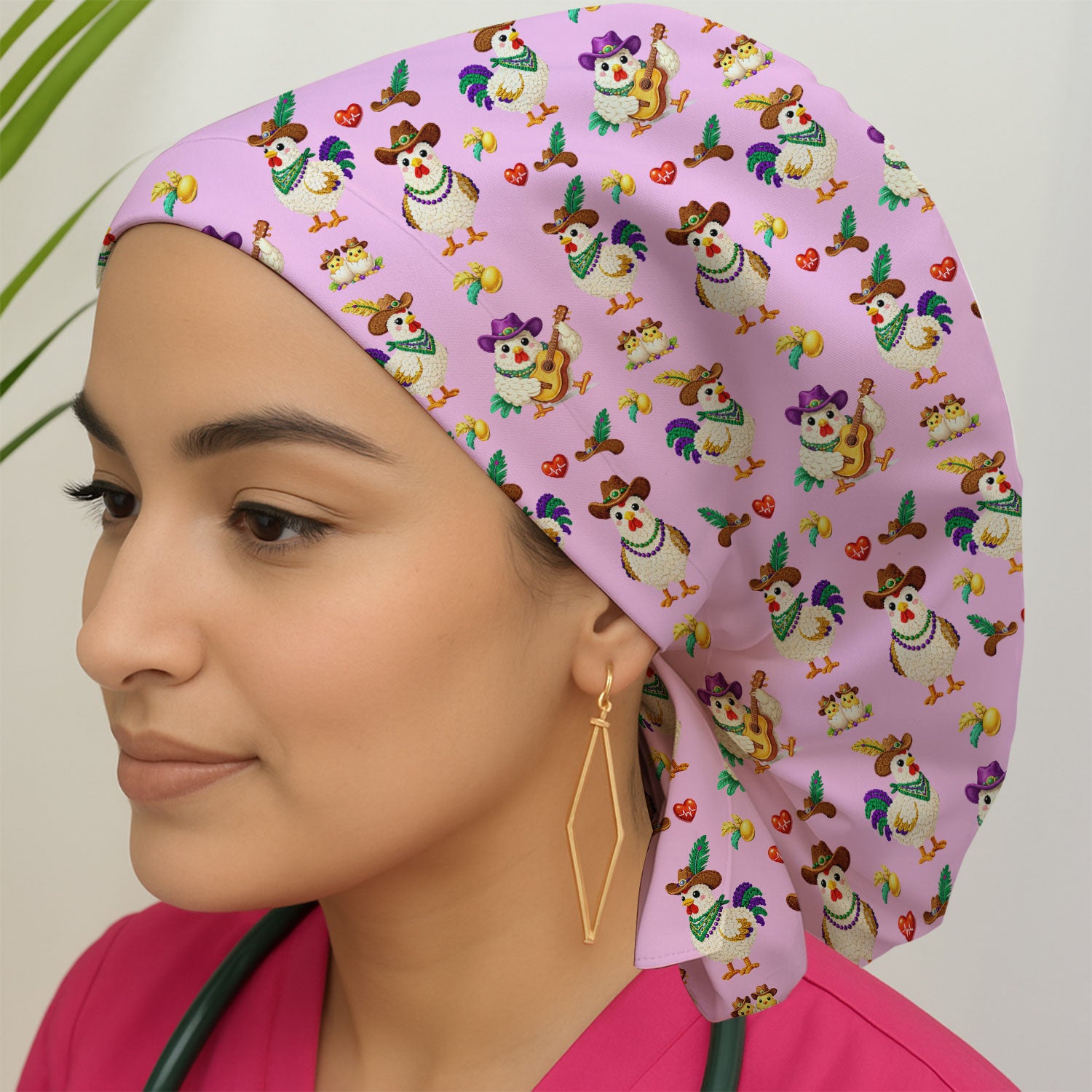 Funny Mardi Gras Rooster Cowboy Print Cap, Bouffant Scrub Caps for Women