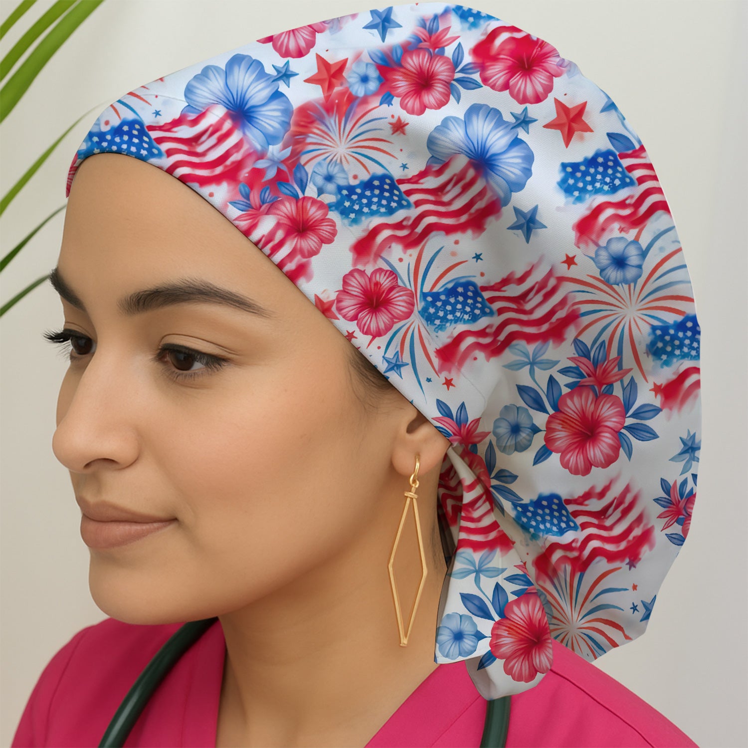 Patriotic American Flag Floral Pattern Nurse Scrub Cap, Surgical Caps for Doctors