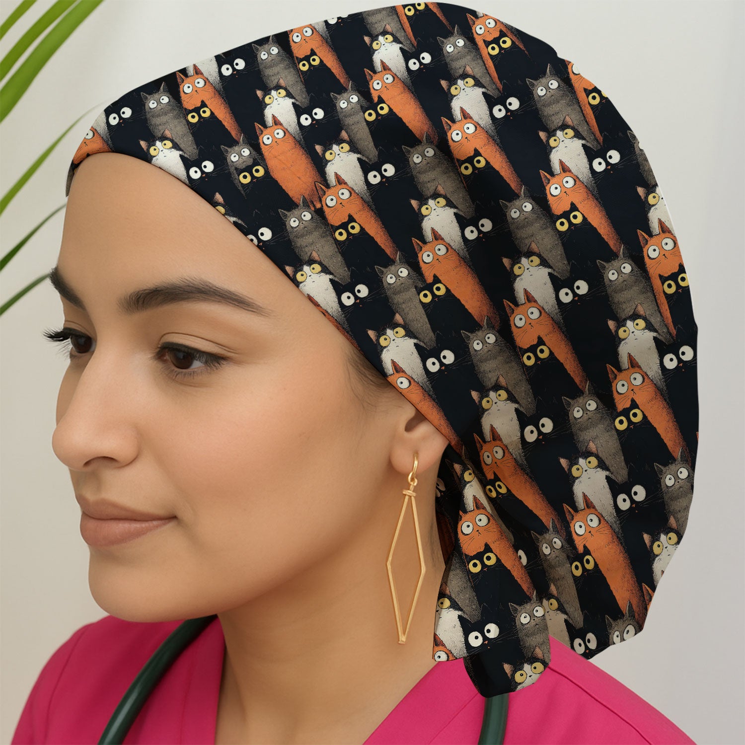 Black Cat Pattern Nurse Scrub Cap, Cat Lover Nurse Hat, Breathable Fabrics Nursing Uniform