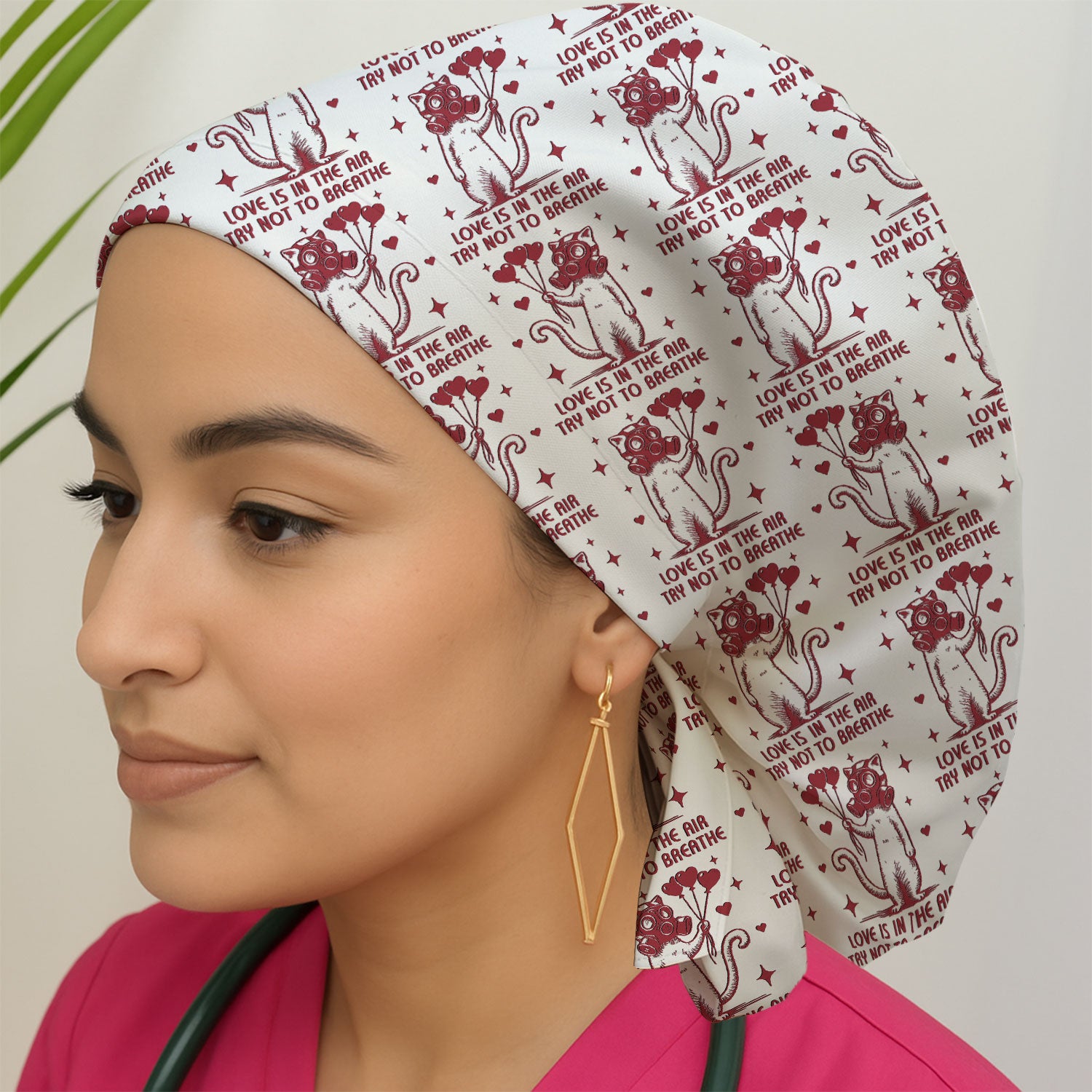 Gas Mask Cat Heart Balloon Valentine Print Scrub Cap, Surgical Caps for Doctors