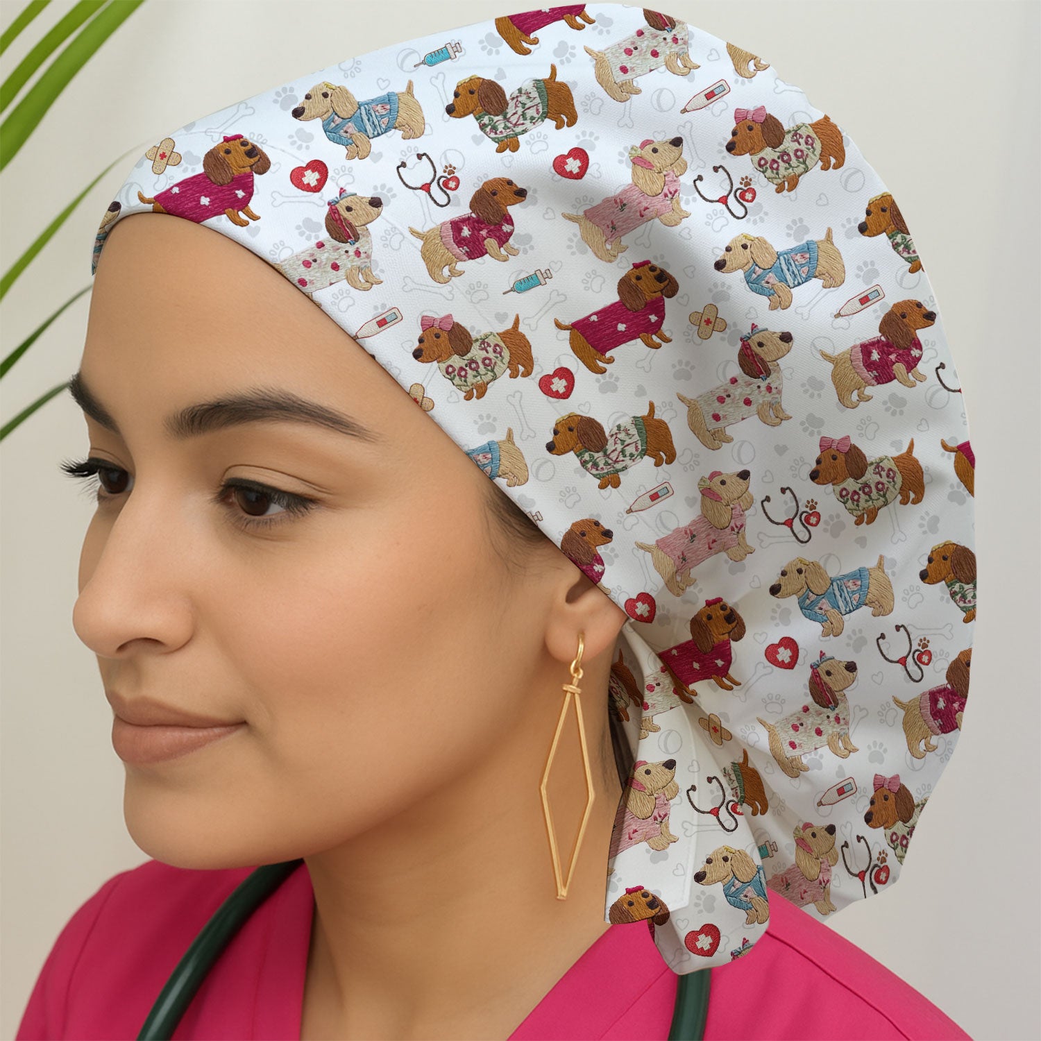 Cute Medical Wiener Dog Pattern Nurse Cap, Dachshund Nursing Scrub Hat, Breathable Fabrics Nursing Uniform