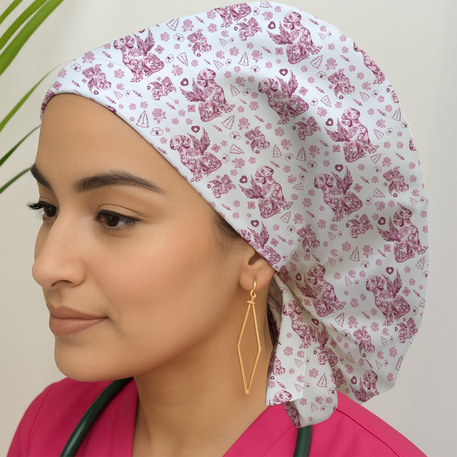Dachshund Angel Bouffant Scrub Caps for Women - Toile de Jouy Surgical Caps for Doctors - Puppy Lover Gift for Her