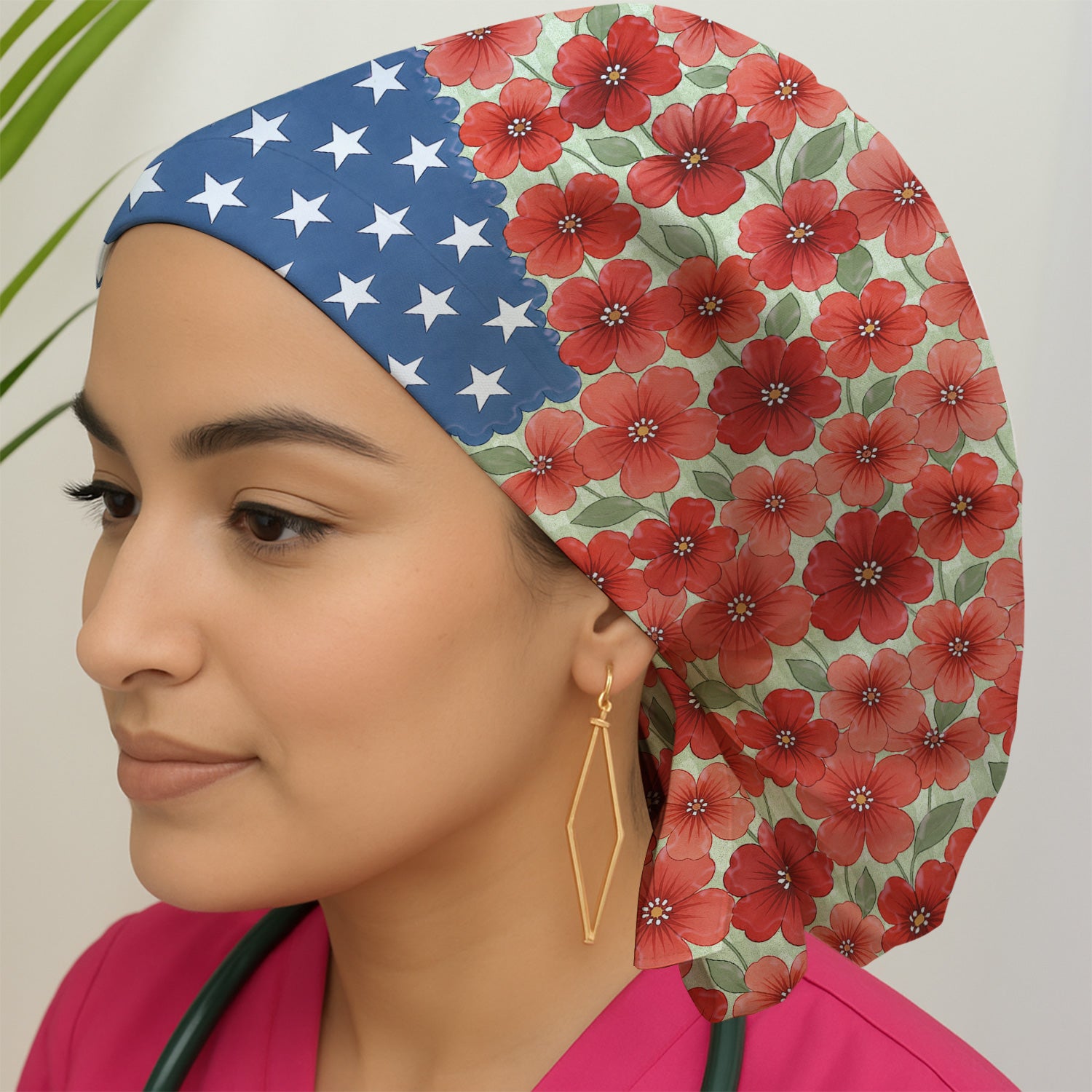 Patriotic USA Flag With Red Floral Blossom Pattern Scrub Cap, Surgical Caps for Doctors