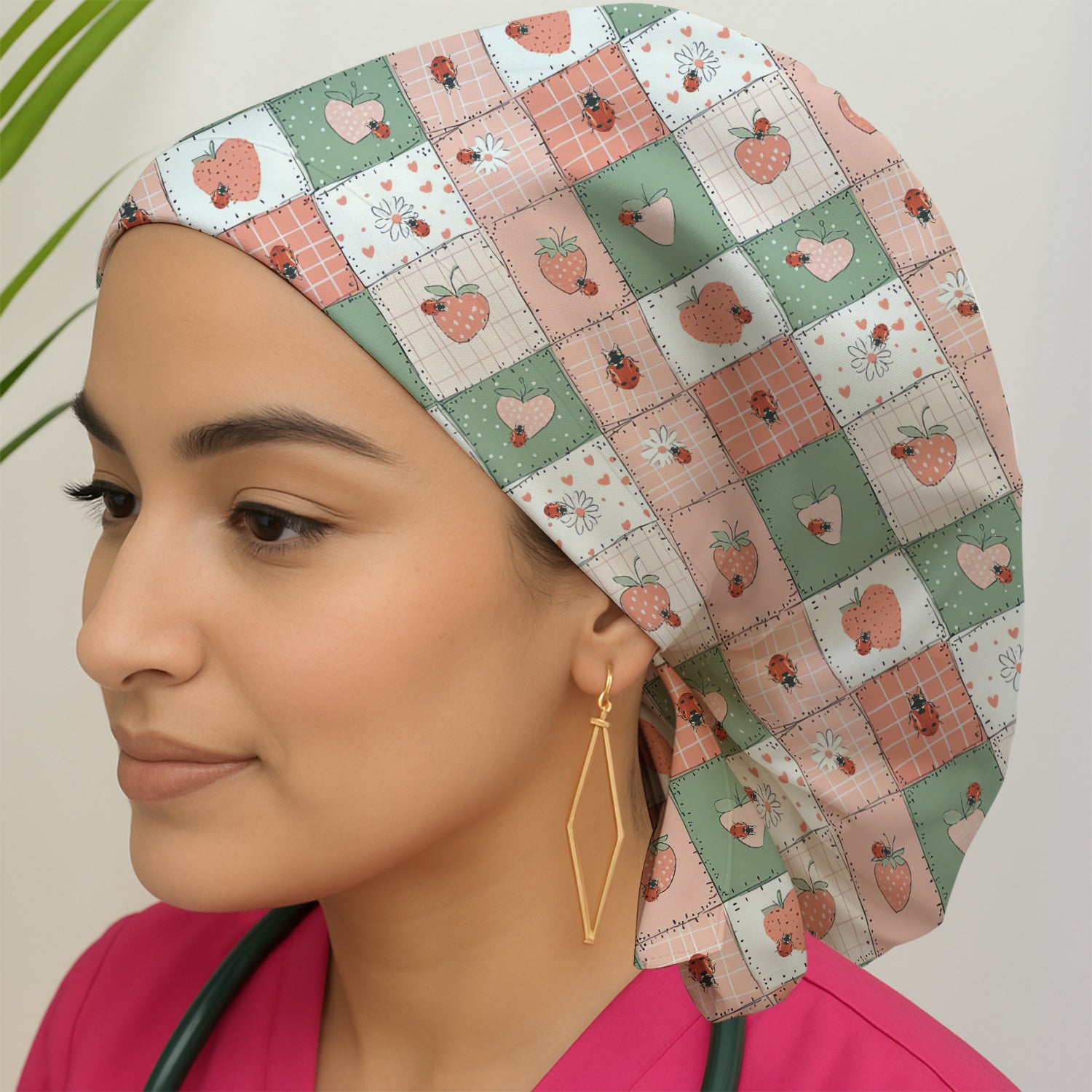 Strawberry Ladybug Patchwork Pattern Scrub Cap, Breathable Fabrics Caps Uniform