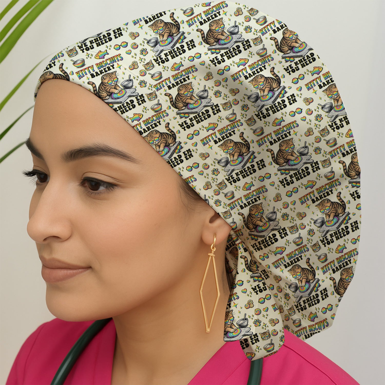 Pride Nurse Cat Baking Rainbow Dough Pattern Cap, Bouffant Scrub Caps for Women