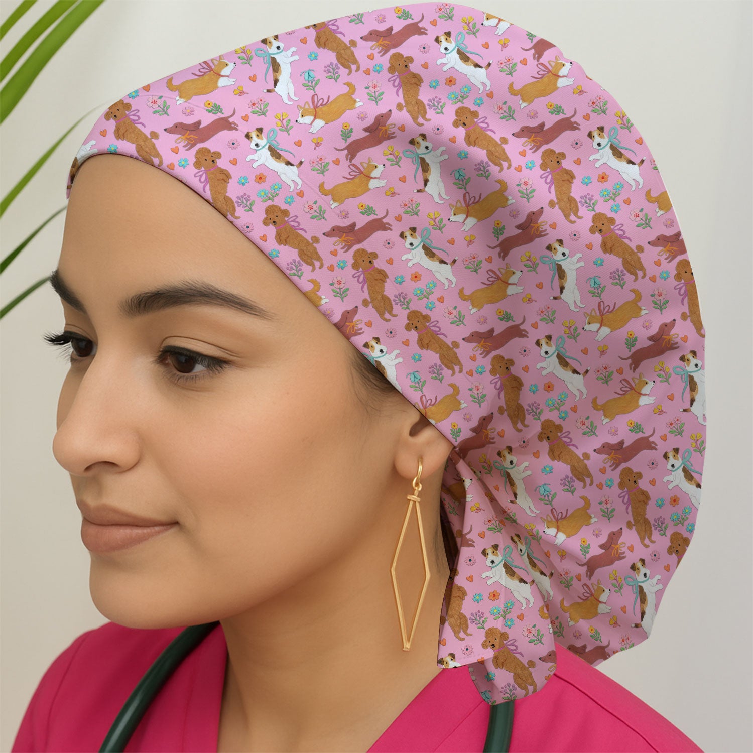 Cute Cartoon Dog Print Scrub Cap, Bouffant Scrub Caps for Women