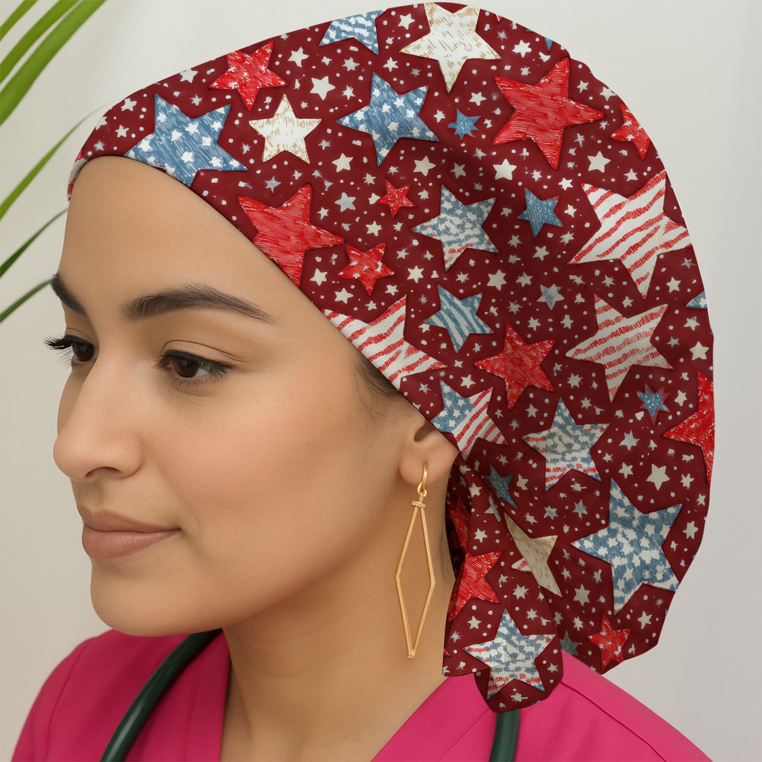 Patriotic Star Pattern Scrub Cap, Breathable Fabrics Caps Uniform