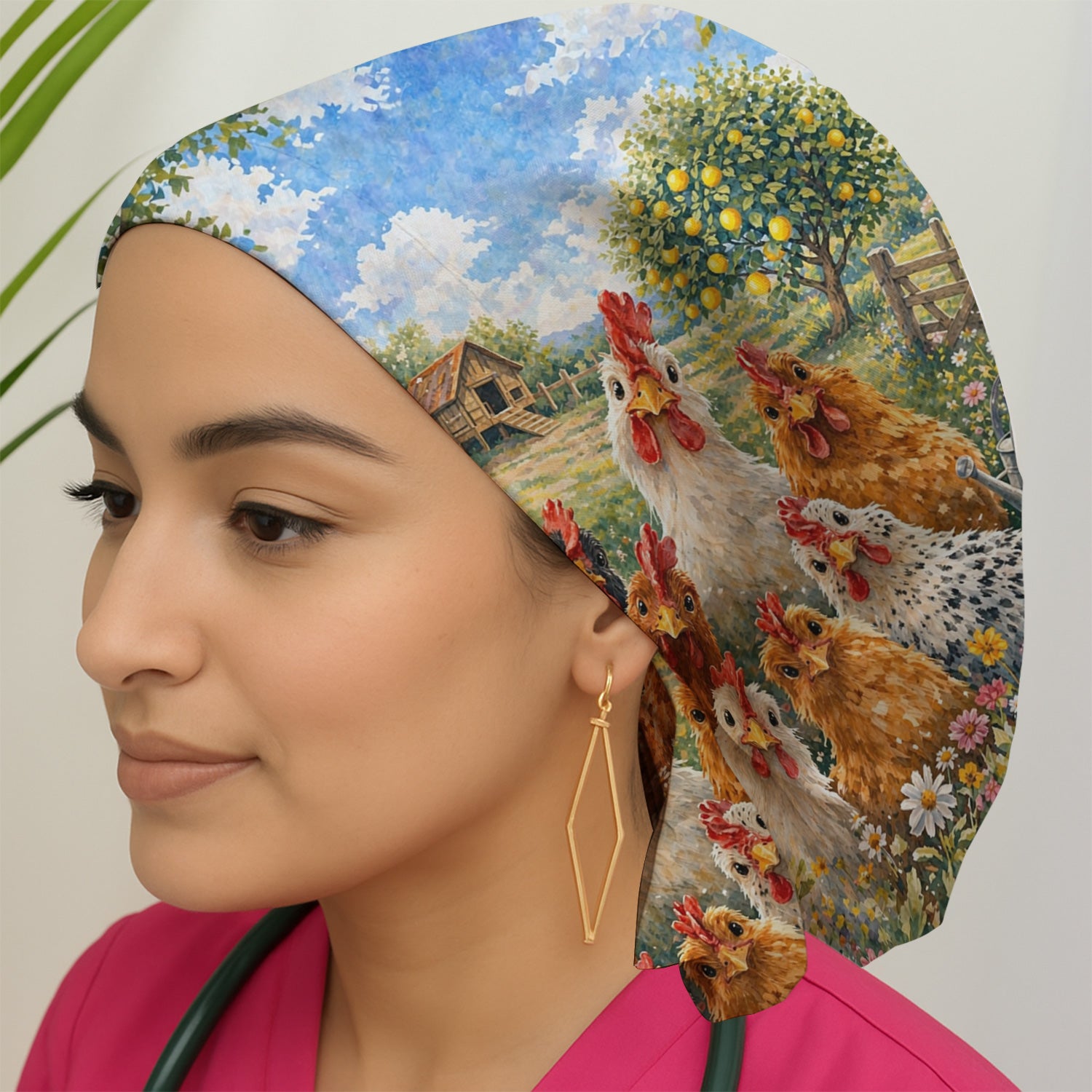 Rustic Chicken Family Farm Garden Pattern Nurse Scrub Cap, Surgical Caps for Doctors