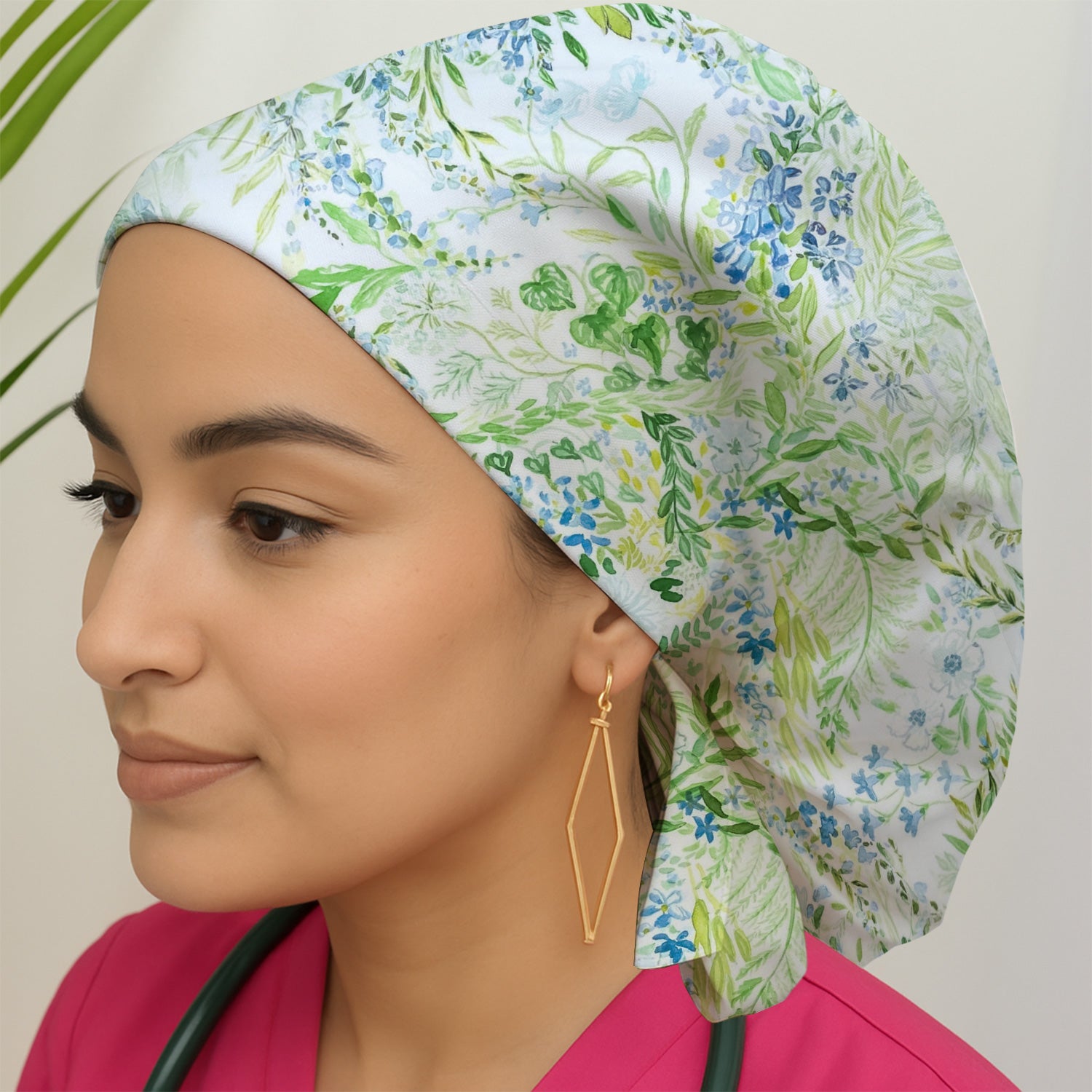 Green Botanical Floral Pattern Print Cap, Surgical Caps for Nurses