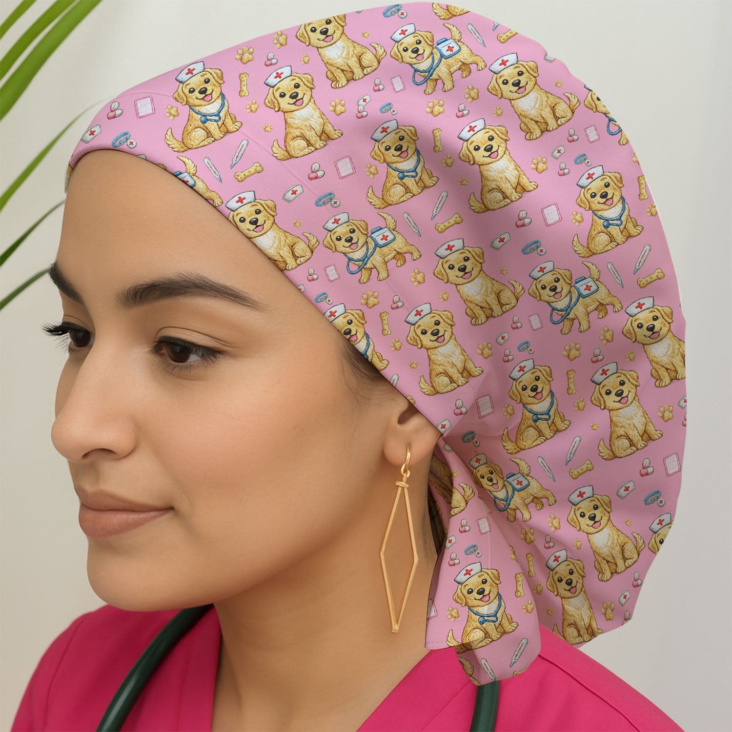 Cute Puppy Nurse Medical Print Cap, Bouffant Scrub Caps for Women