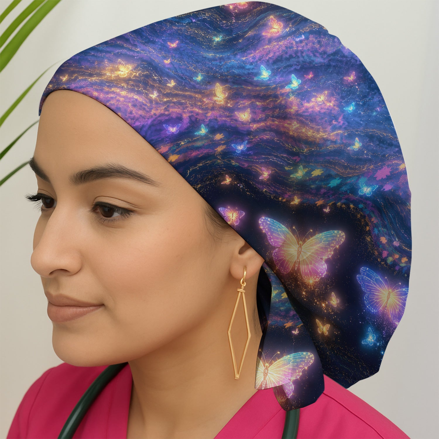 Neon Butterfly Galaxy Marble Print Scrub Cap, Surgical Caps for Doctors