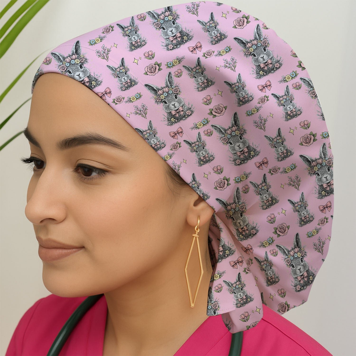Vintage Floral Bunny Print Cap, Breathable Fabrics Caps Uniform
