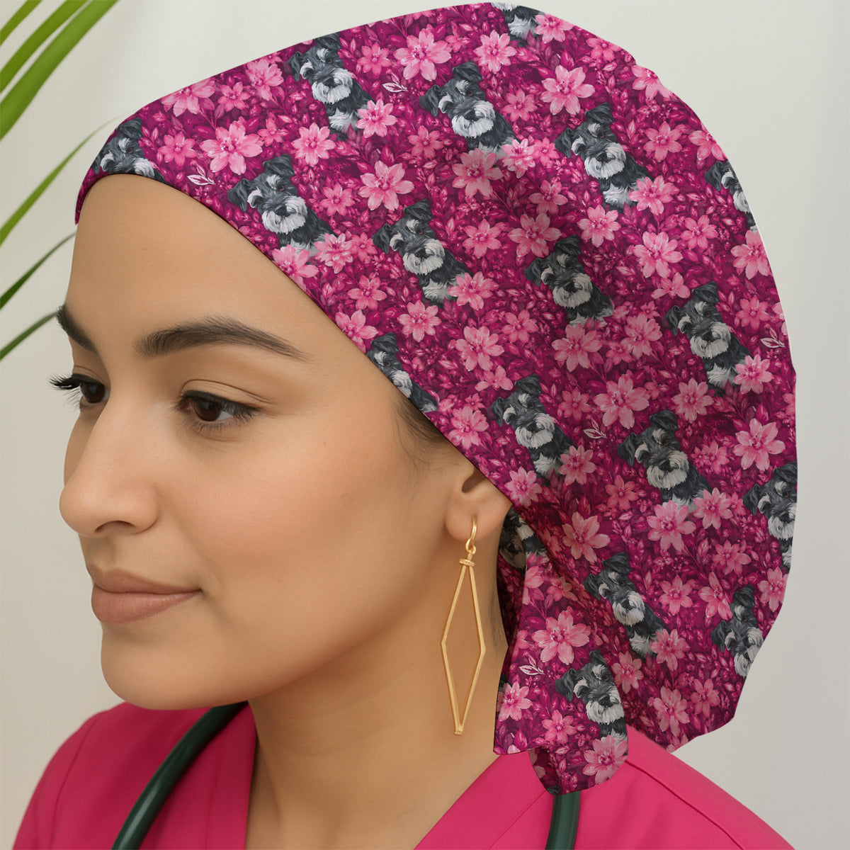 Pink Floral Schnauzer Pattern Scrub Cap, Surgical Caps for Doctors
