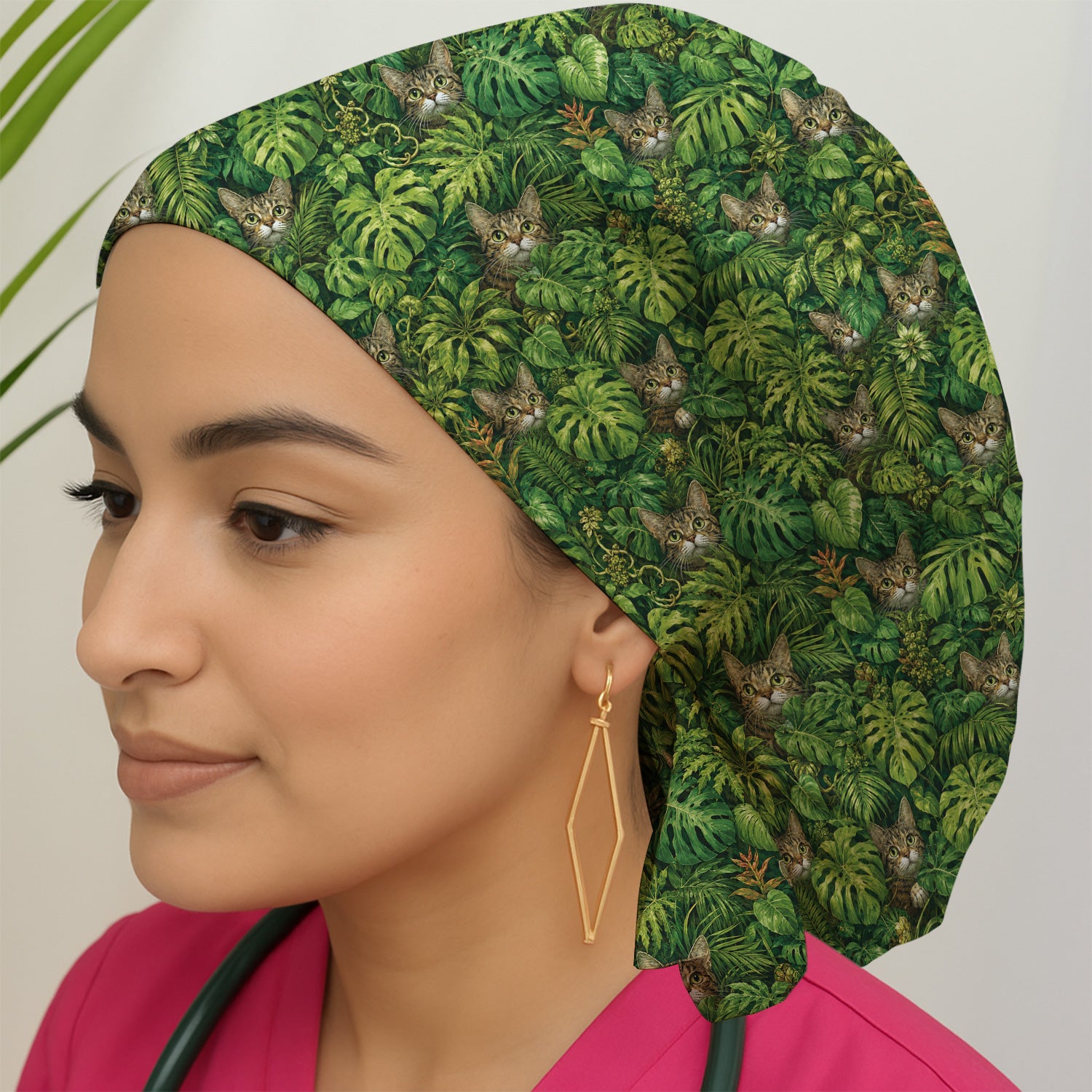 Hidden Jungle Cat Veterinary Nurse Pattern Scrub Cap, Surgical Caps for Doctors
