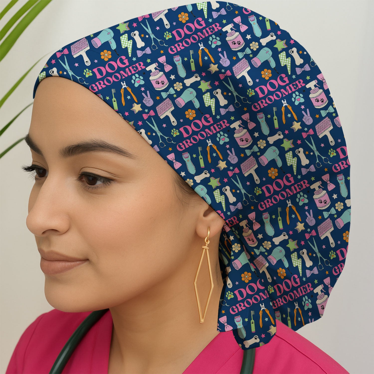 Dog Groomer Tools Pattern Scrub Cap, Bouffant Scrub Caps for Women