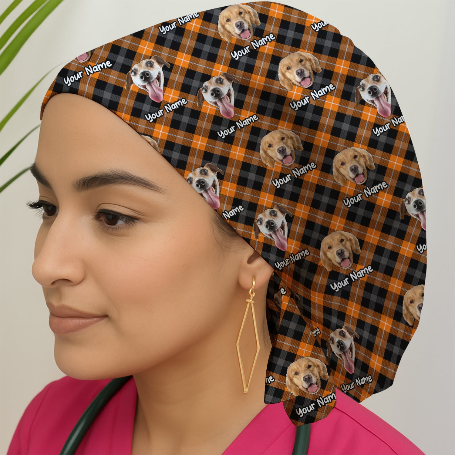 Personalized Halloween Dog Photo Plaid Scrub Cap, Surgical Caps for Doctors
