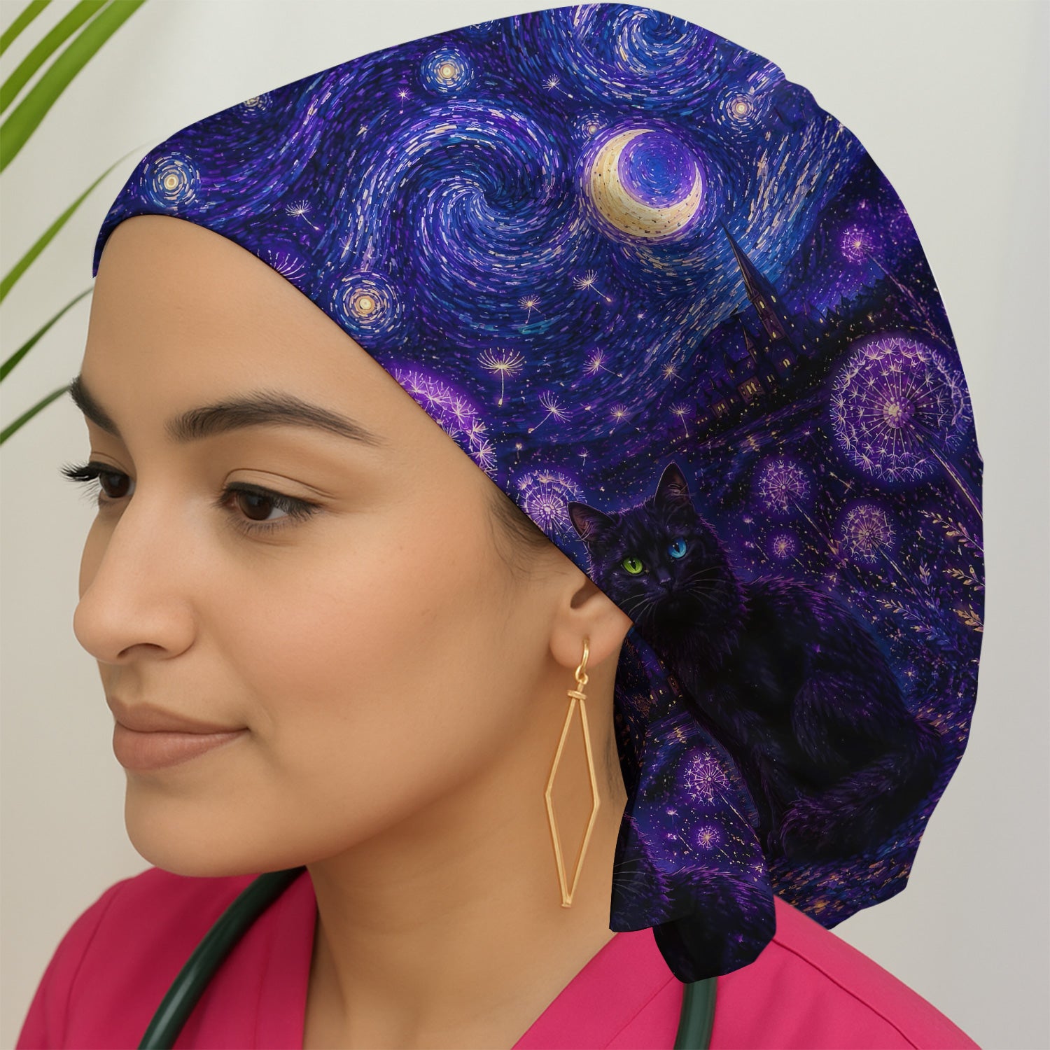 Mystical Black Cat Starry Night Print Scrub Cap, Surgical Caps for Doctors