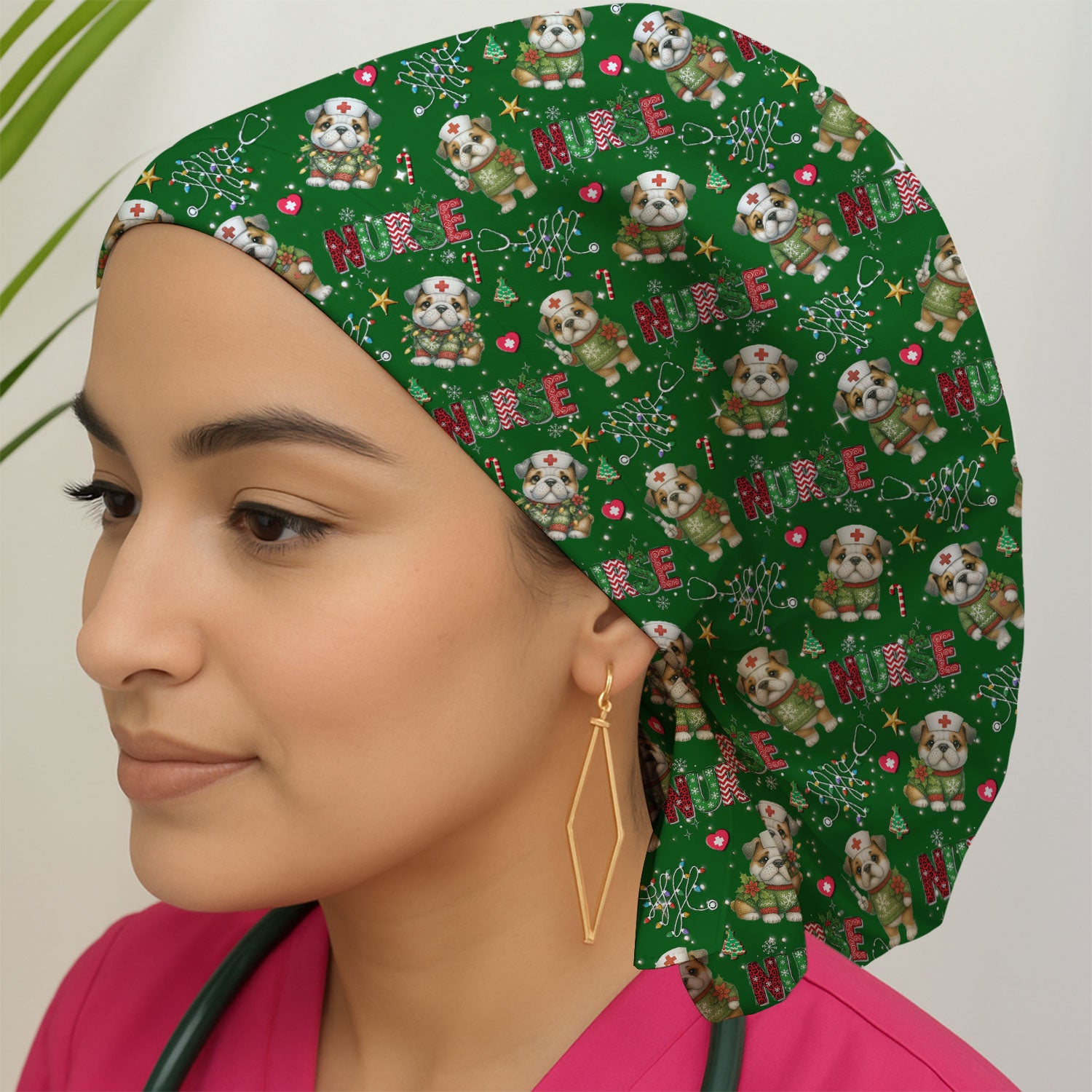 Bulldog Bouffant Scrub Caps for Women - Puppy Lover Gift - Breathable Fabrics Caps Uniform