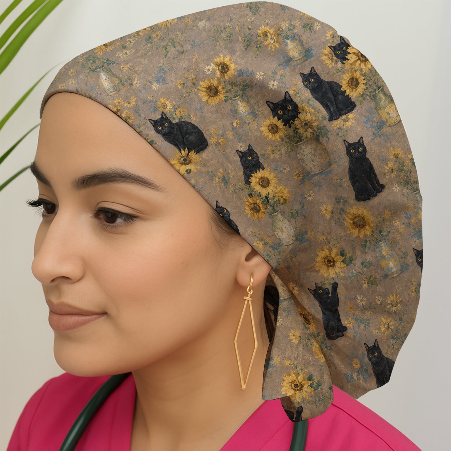 Rustic Sunflower Black Cat Print Scrub Cap, Surgical Caps for Doctors