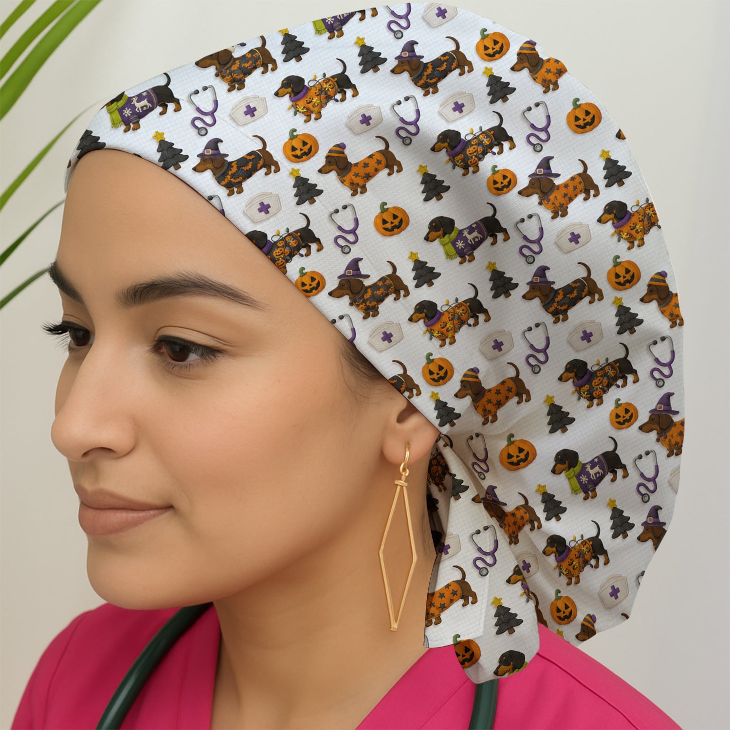Halloween Dachshund with Pumpkin Stethoscope Print Scrub Cap, Surgical Caps for Doctors