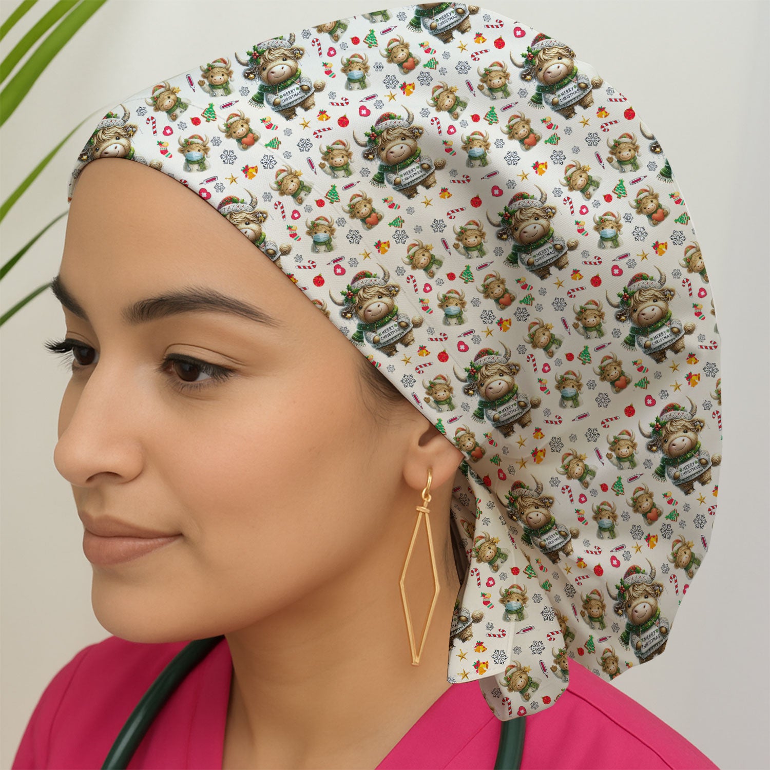 Christmas Highland Cow Scrub Cap, Cute Holiday Cow Print Surgical Hat For Nurses, Breathable Fabrics Nursing Uniform