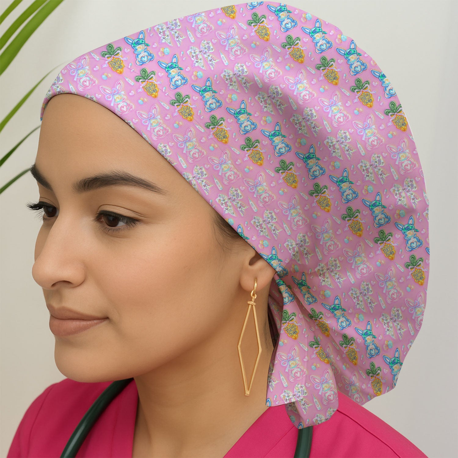 Easter Bunny Carrot Bow Floral Print Cap, Bouffant Scrub Caps for Women
