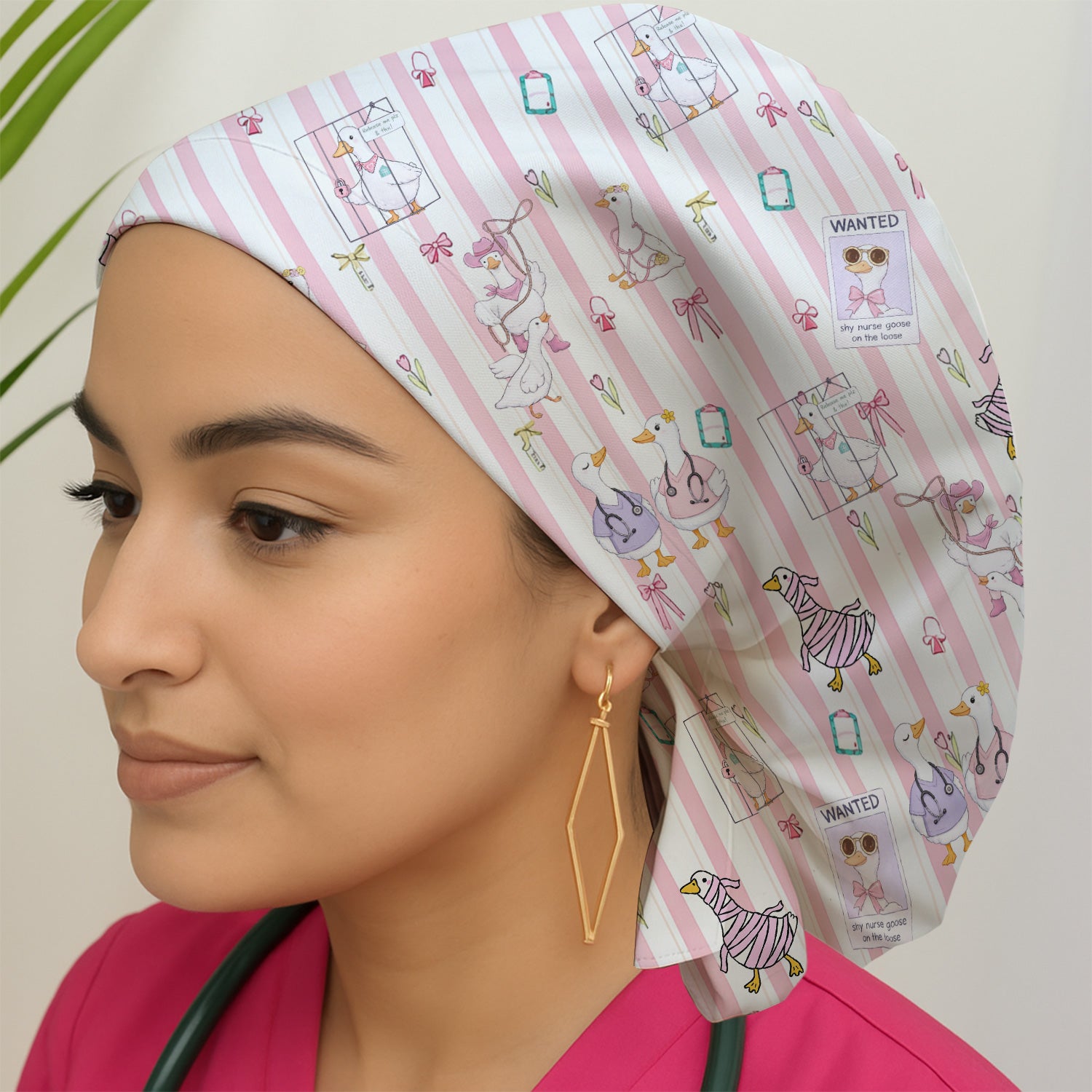 Cute Nurse Duck Stripe Pattern Cap, Bouffant Scrub Caps for Women