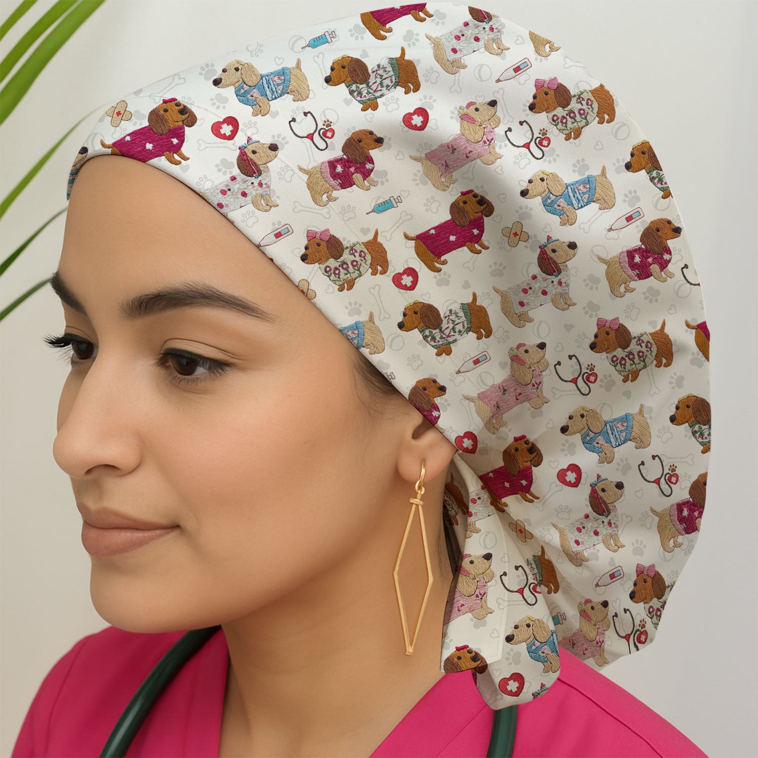 Cute Medical Wiener Dog Pattern Nurse Cap, Dachshund Nursing Scrub Hat, Breathable Fabrics Nursing Uniform