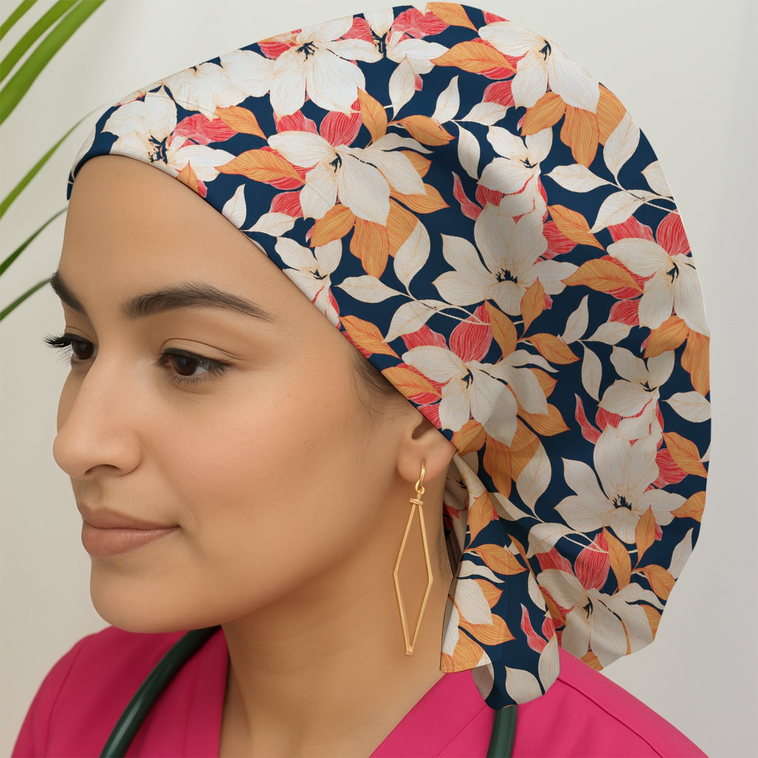Elegant Ivory Lily Leaves Pattern Scrub Cap, Surgical Caps for Doctors