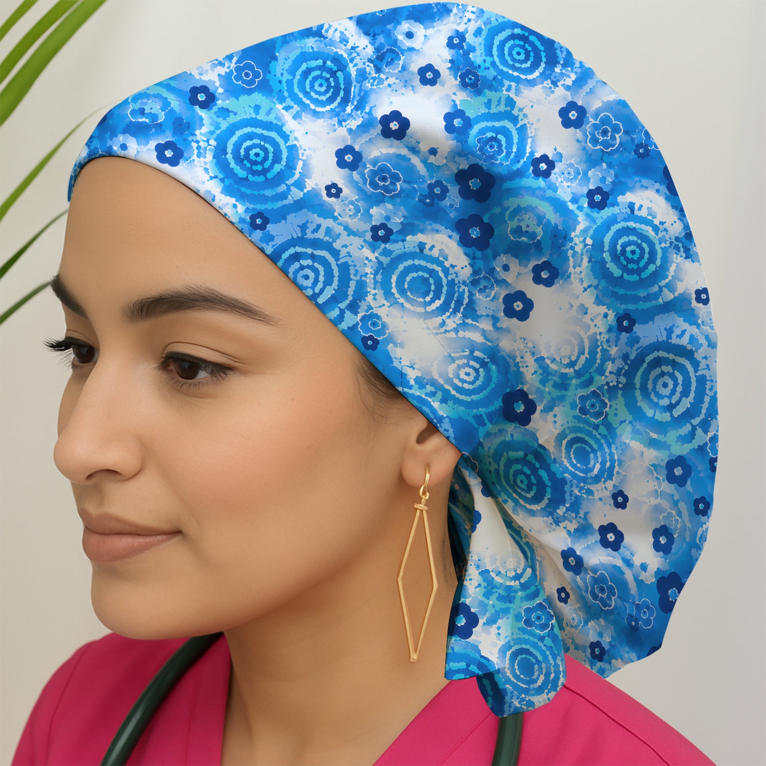 Blue Floral Spiral Nurse Pattern Scrub Top, Breathable Fabrics Nursing Uniform Scrub Cap, Surgical Caps for Doctors