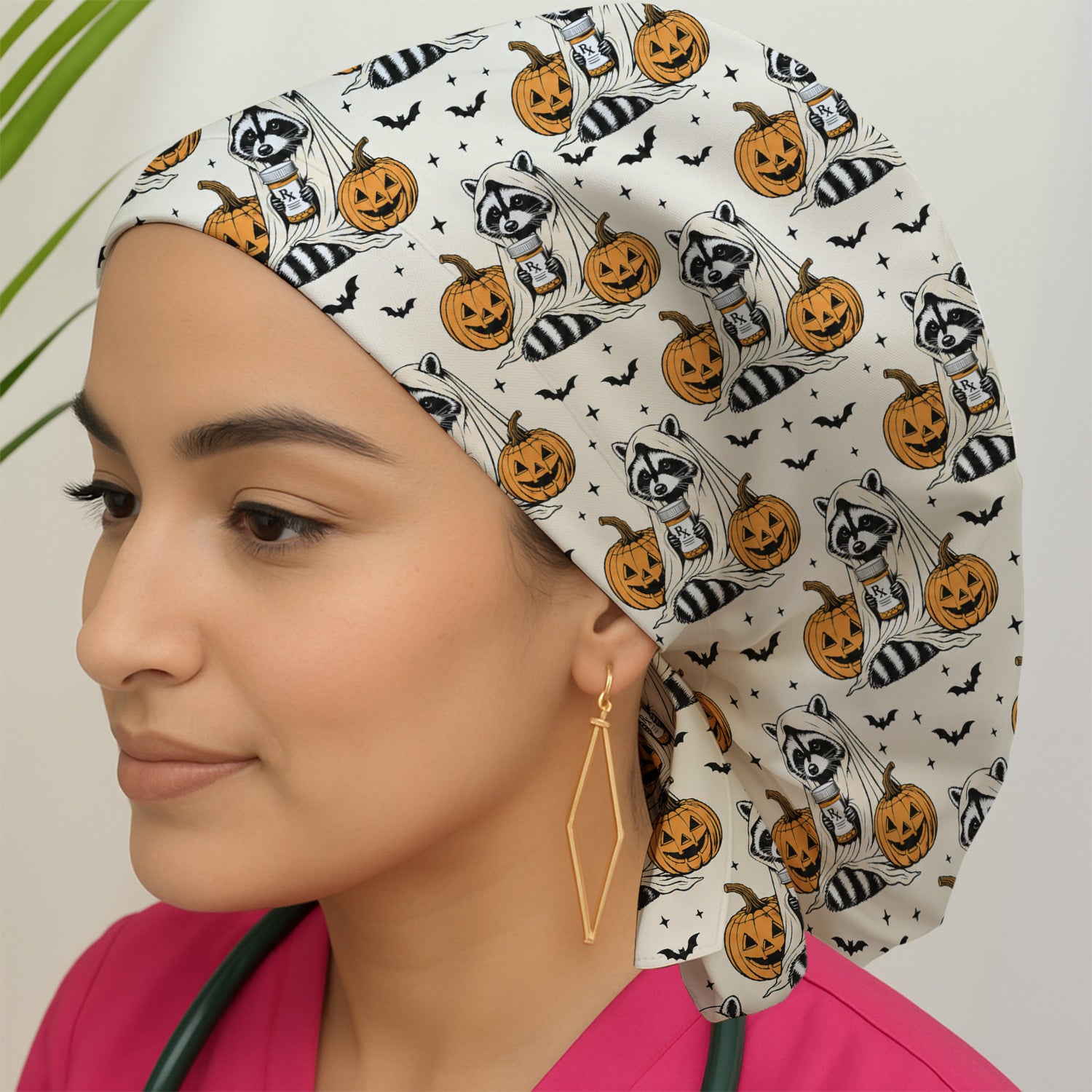 Halloween Raccoon with Pumpkin Bat Print Scrub Cap, Surgical Caps for Doctors