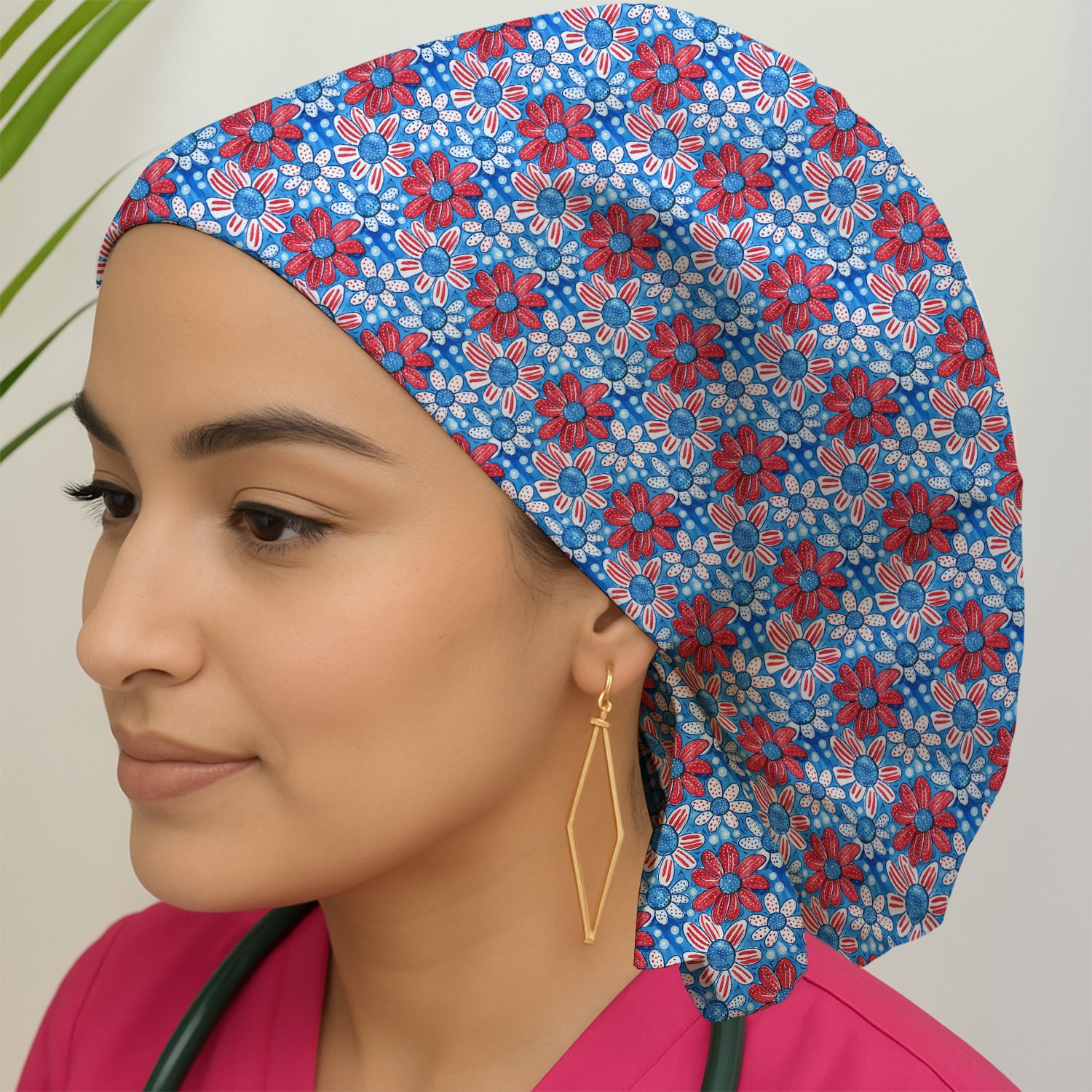 Cute Patriotic Daisy Blossom Repeat Pattern Scrub Cap, Surgical Caps for Doctors