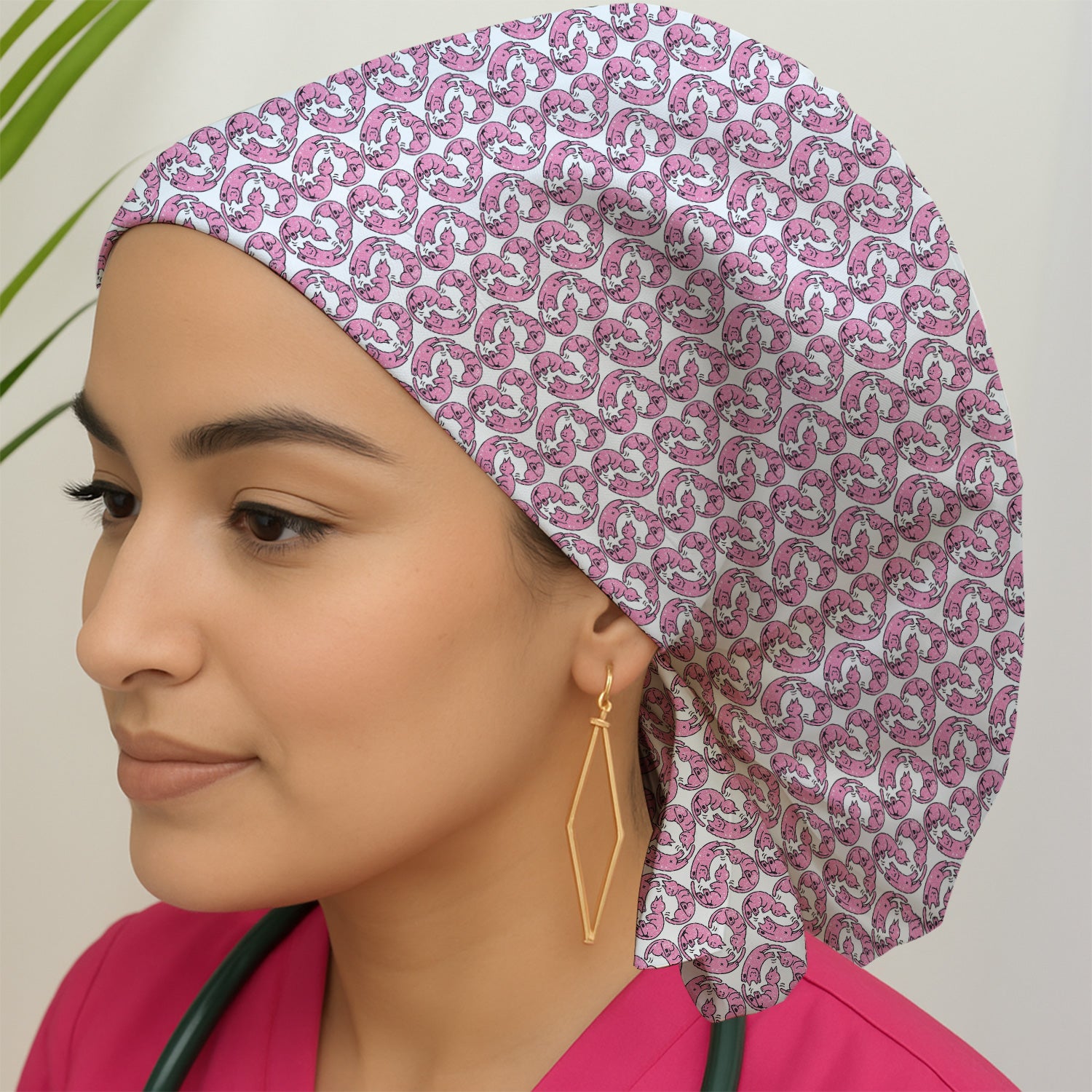 Cute Pink Cat Cartoon Pattern Cap, Bouffant Scrub Caps for Women