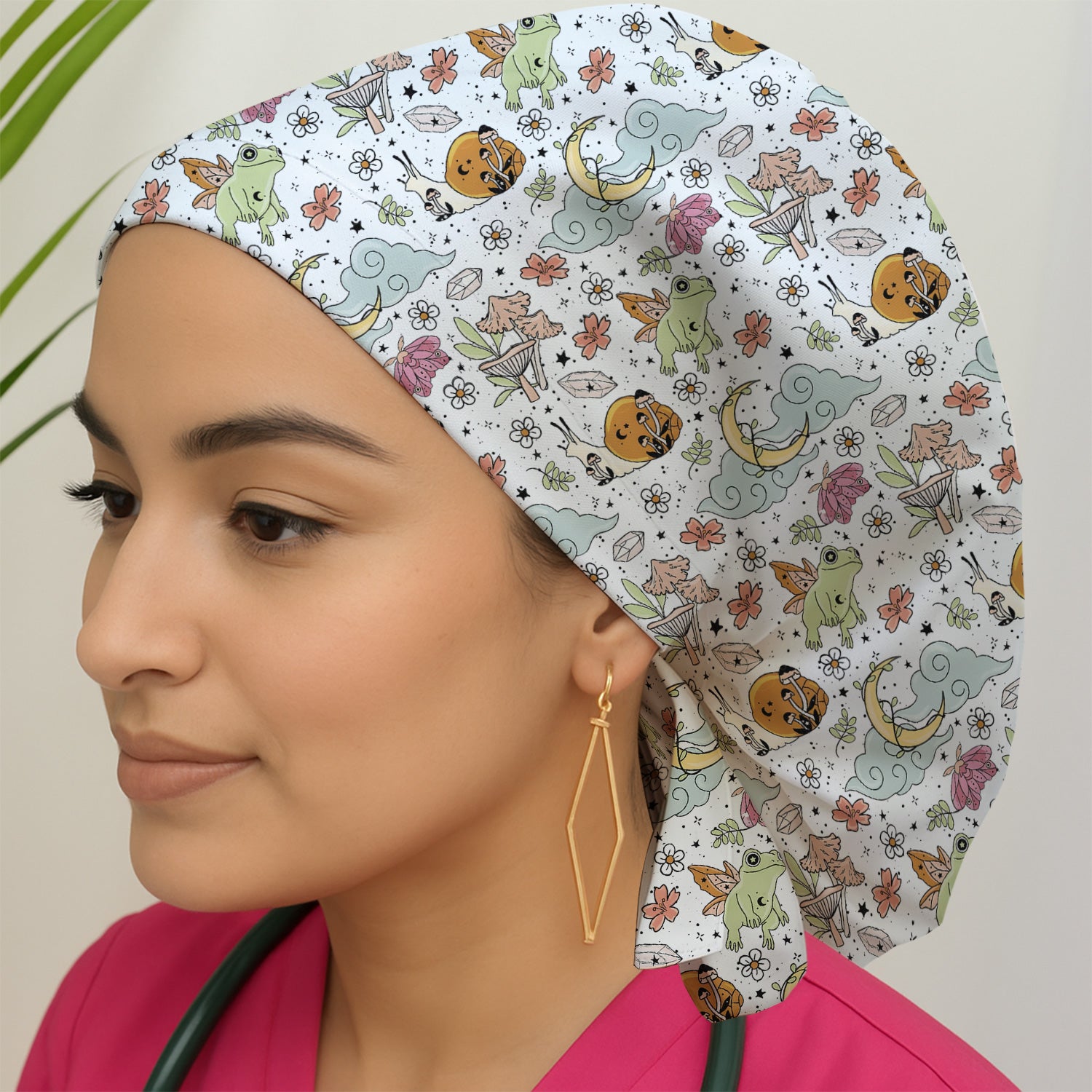 Whimsical Frog Moon Mushroom Pattern Scrub Cap, Surgical Caps for Doctors