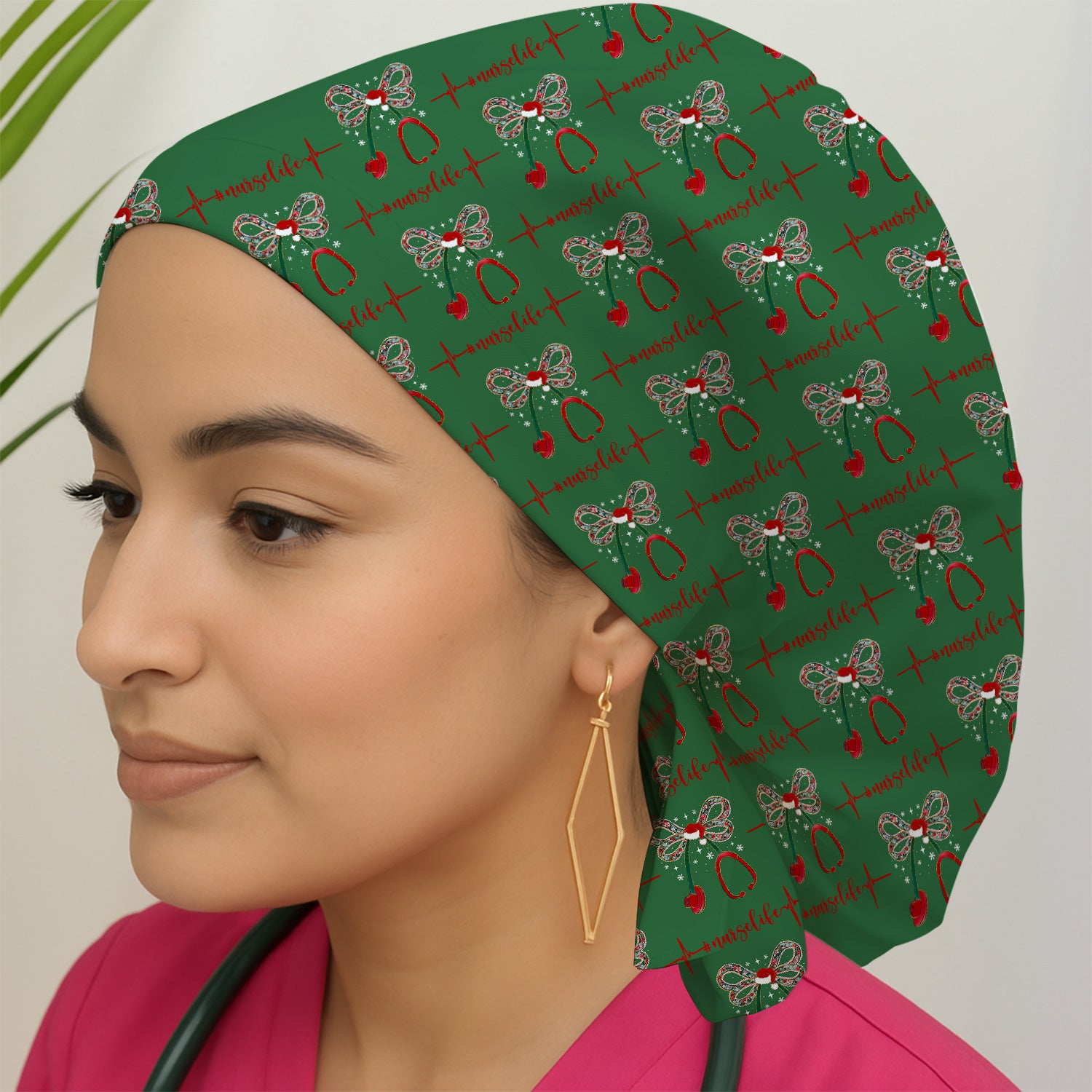 Festive Nurse Life Christmas Scrub Cap - Christmas Stethoscope & Heartbeat Graphic - Gift for RN LPN CNA