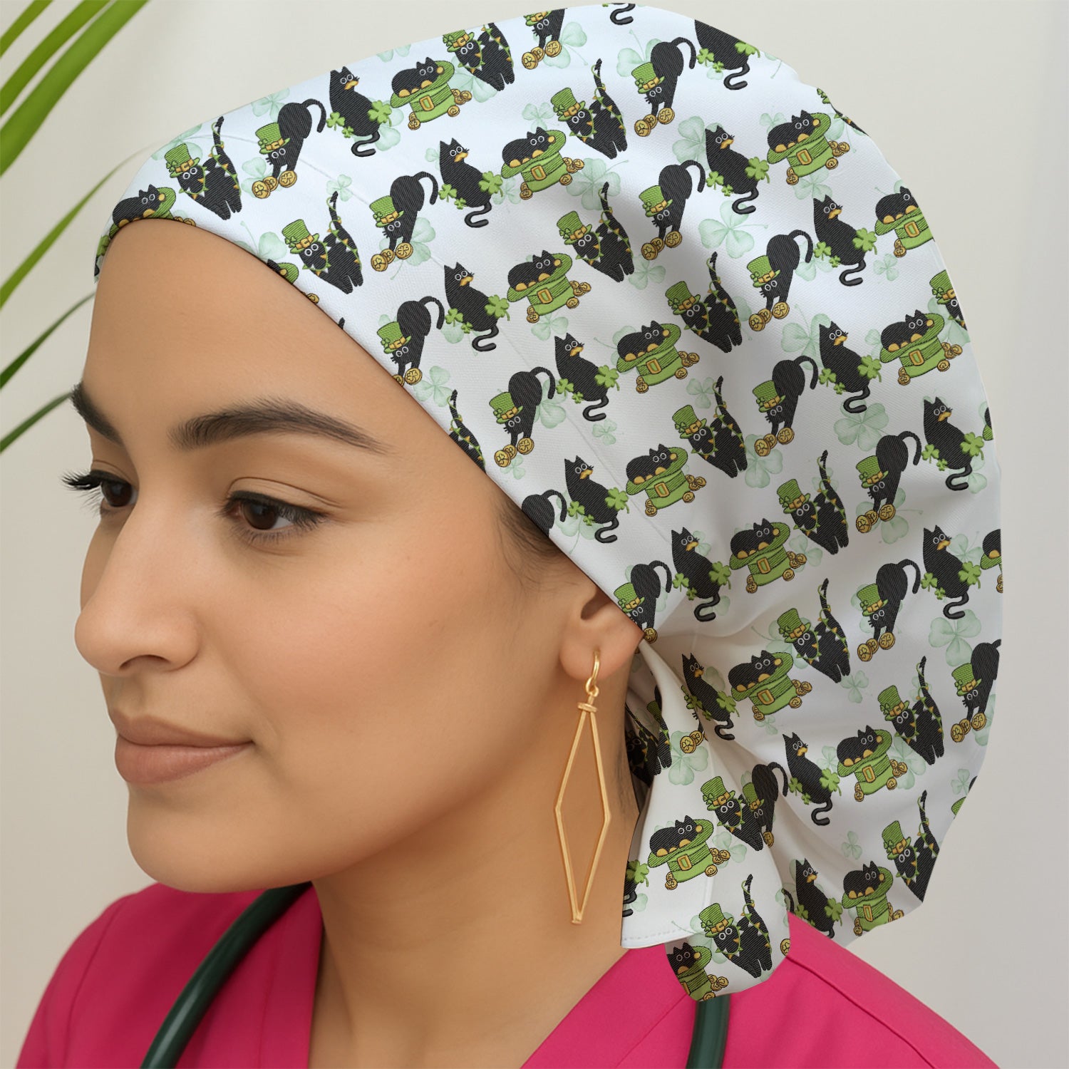 St. Patrick Black Cat Clover Print Scrub Cap, Bouffant Scrub Caps for Women