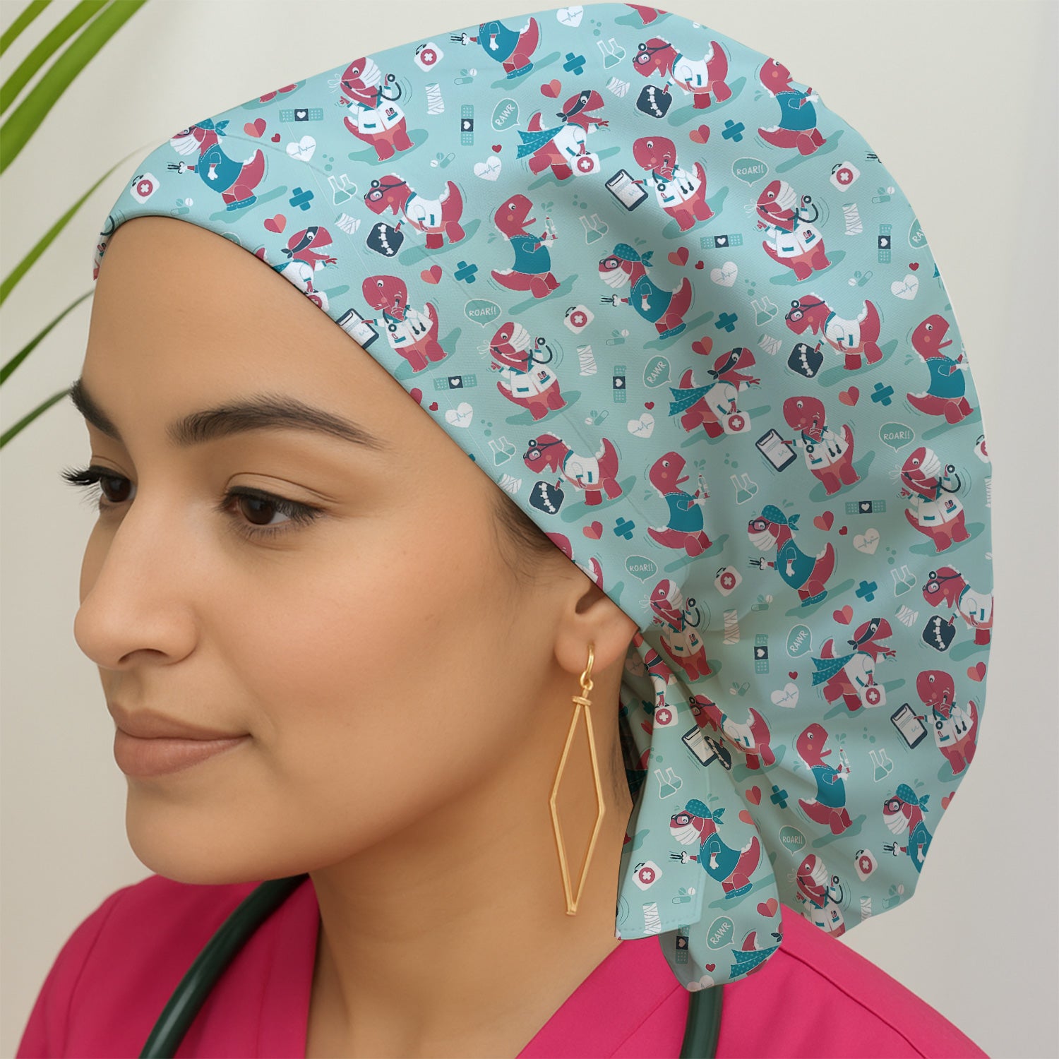 Cute Dinosaur Doctor Medical Pattern Cap, Bouffant Scrub Caps for Women
