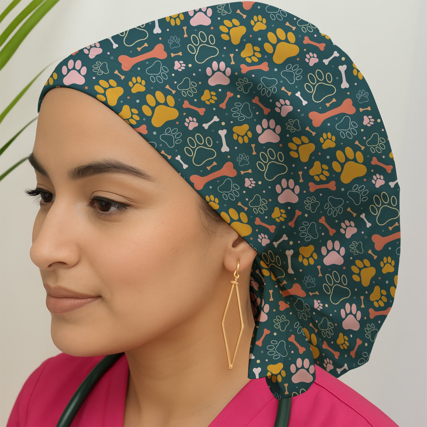 Cute Paw Print Dog Pattern Cap, Bouffant Scrub Caps for Women