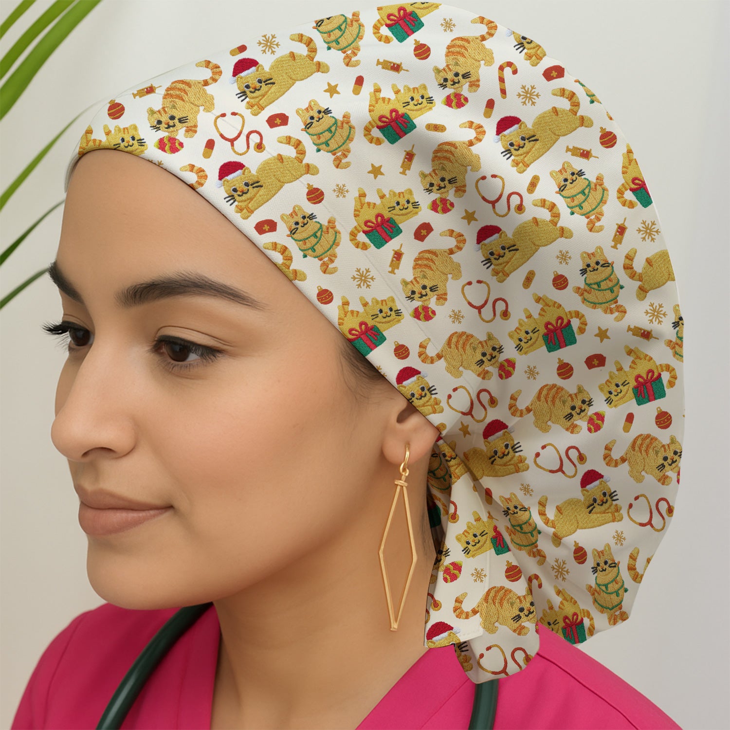 Christmas Cat Nurse Scrub Cap, Cute Holiday Kitty Medical Uniform For Nursing