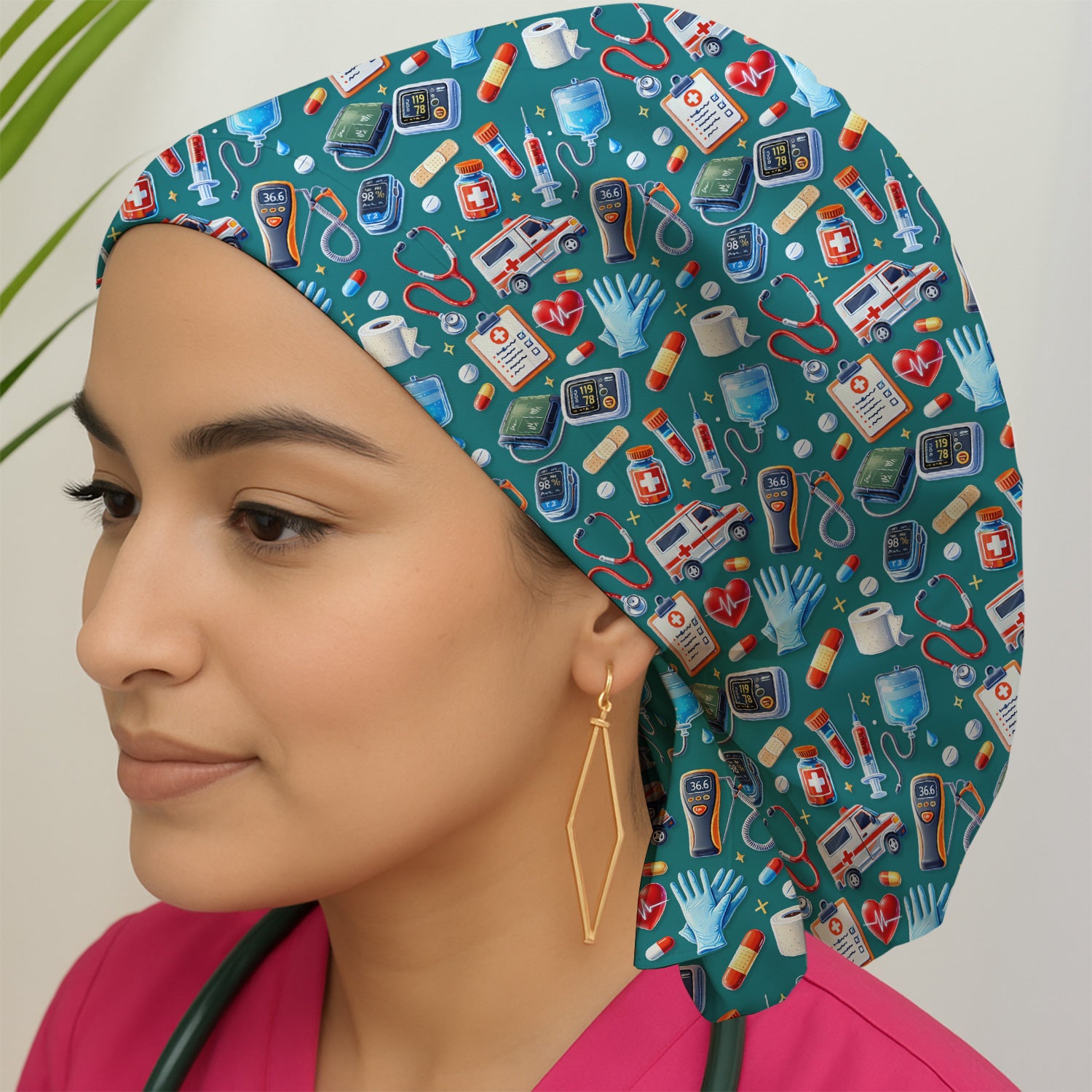 Medical Tools Pattern Ambulance Stethoscope Scrub Cap, Surgical Caps for Doctors