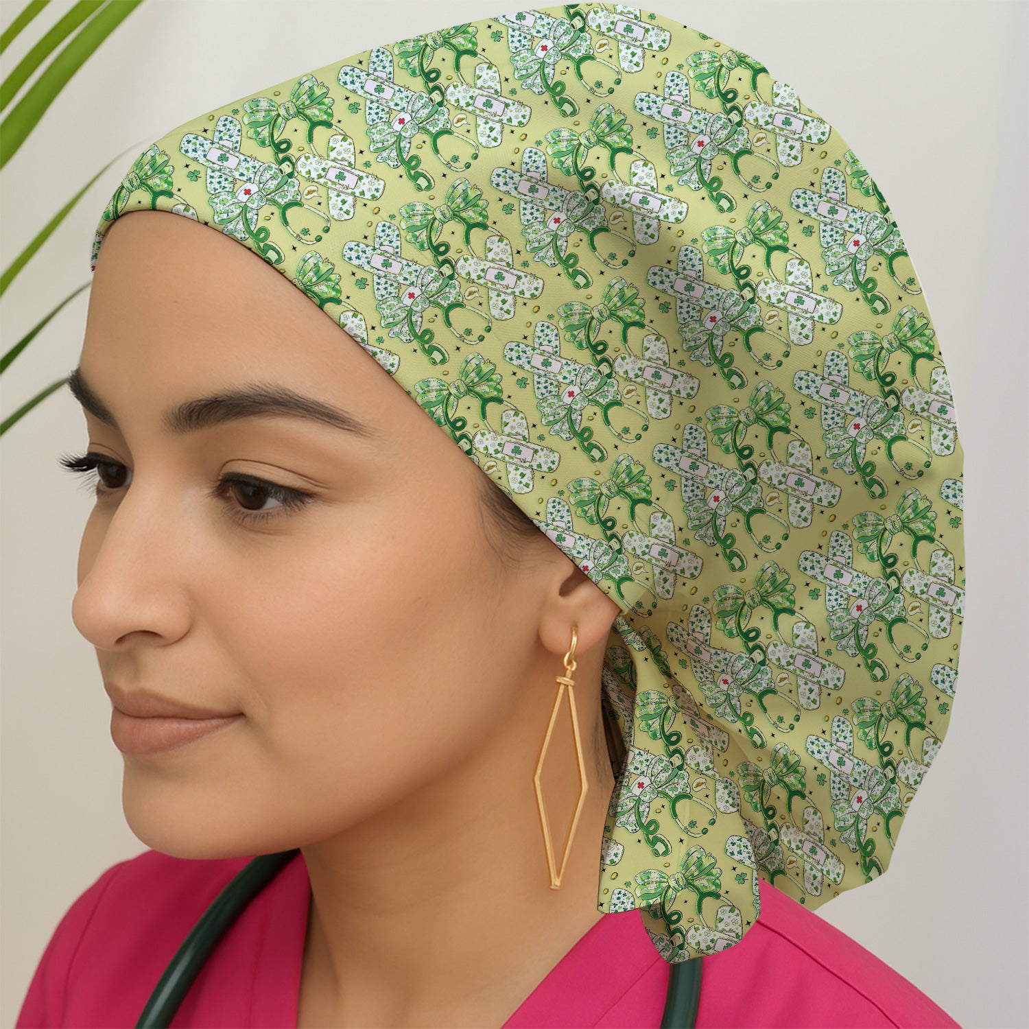 St Patrick Shamrock Stethoscope Bow Print Cap, Bouffant Scrub Caps for Women
