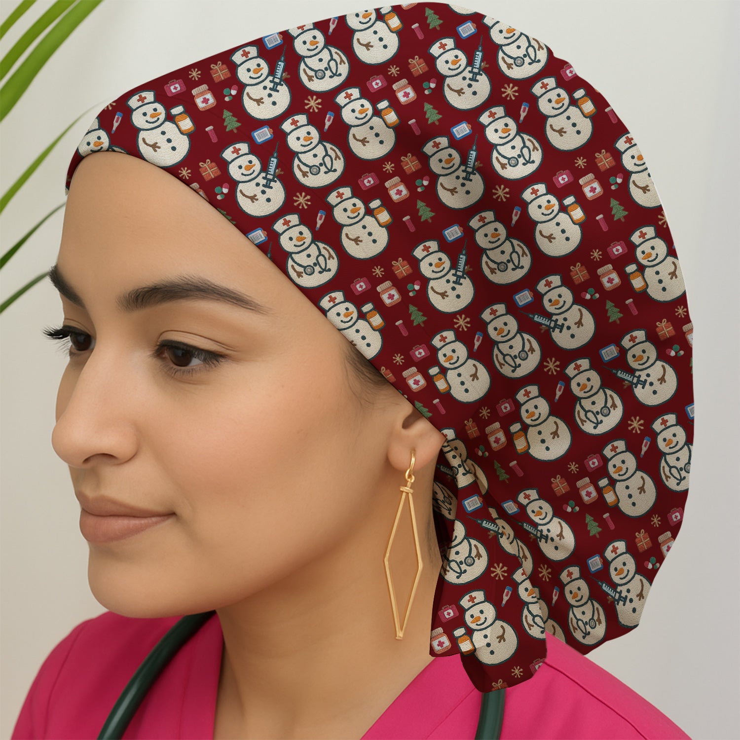 Snowman Nurse Christmas Scrub Cap – Festive Medical Pattern Cap – Cute Holiday Uniform For Nursing