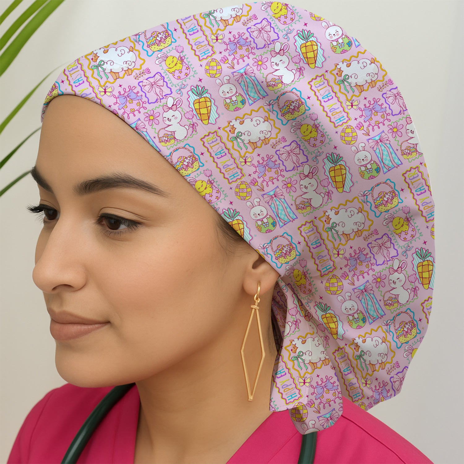 Cute Easter Bunny Egg and Bow Print Scrub Cap, Breathable Fabrics Caps Uniform