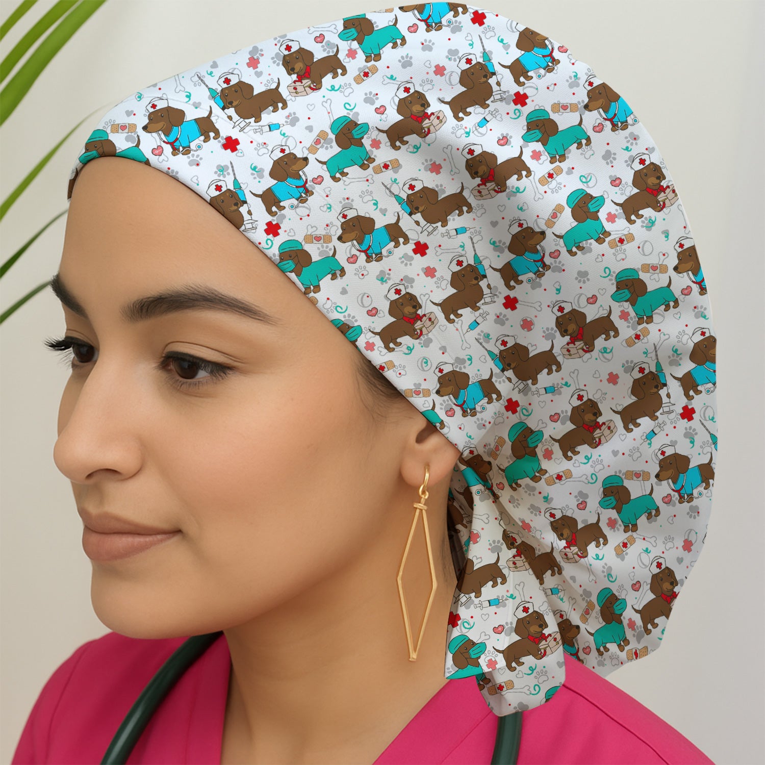 Cute Wiener Dog Dachshund Nurse Scrub Cap, Funny Dachshund Dog Scrubs Hat, Breathable Fabrics Nursing Uniform