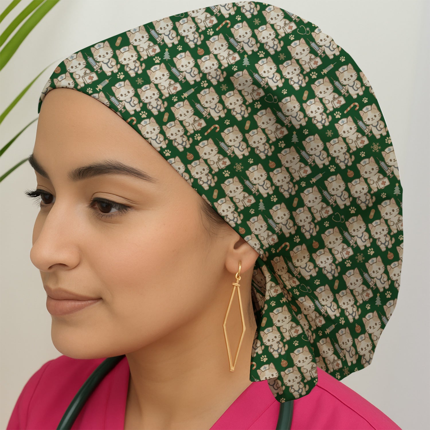 Cute Cat Nurse Christmas Scrub Cap, Kawaii Kitty Medical Pattern Hat, Breathable Fabrics Nursing Uniform