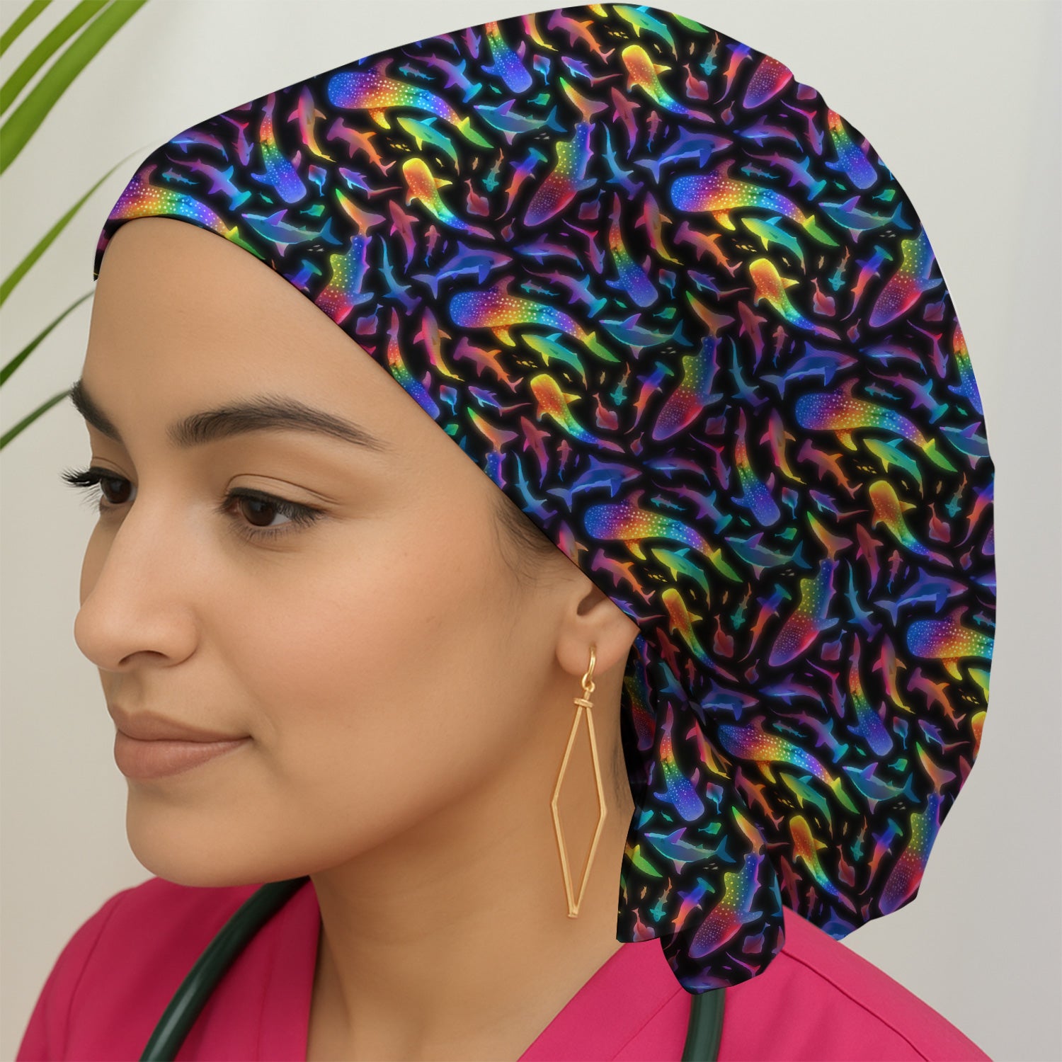 Vibrant Rainbow Shark Pattern Scrub Cap, Breathable Fabrics Caps Uniform