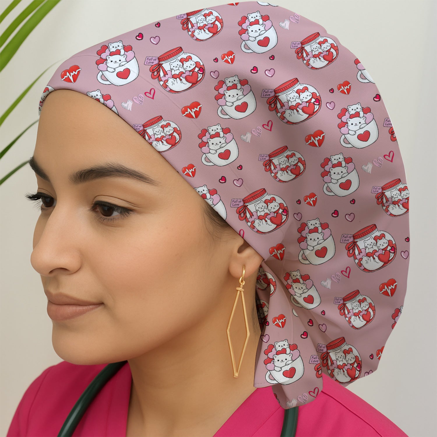 Cute Cat Valentine Nurse Scrub Cap, Bouffant Scrub Caps for Women