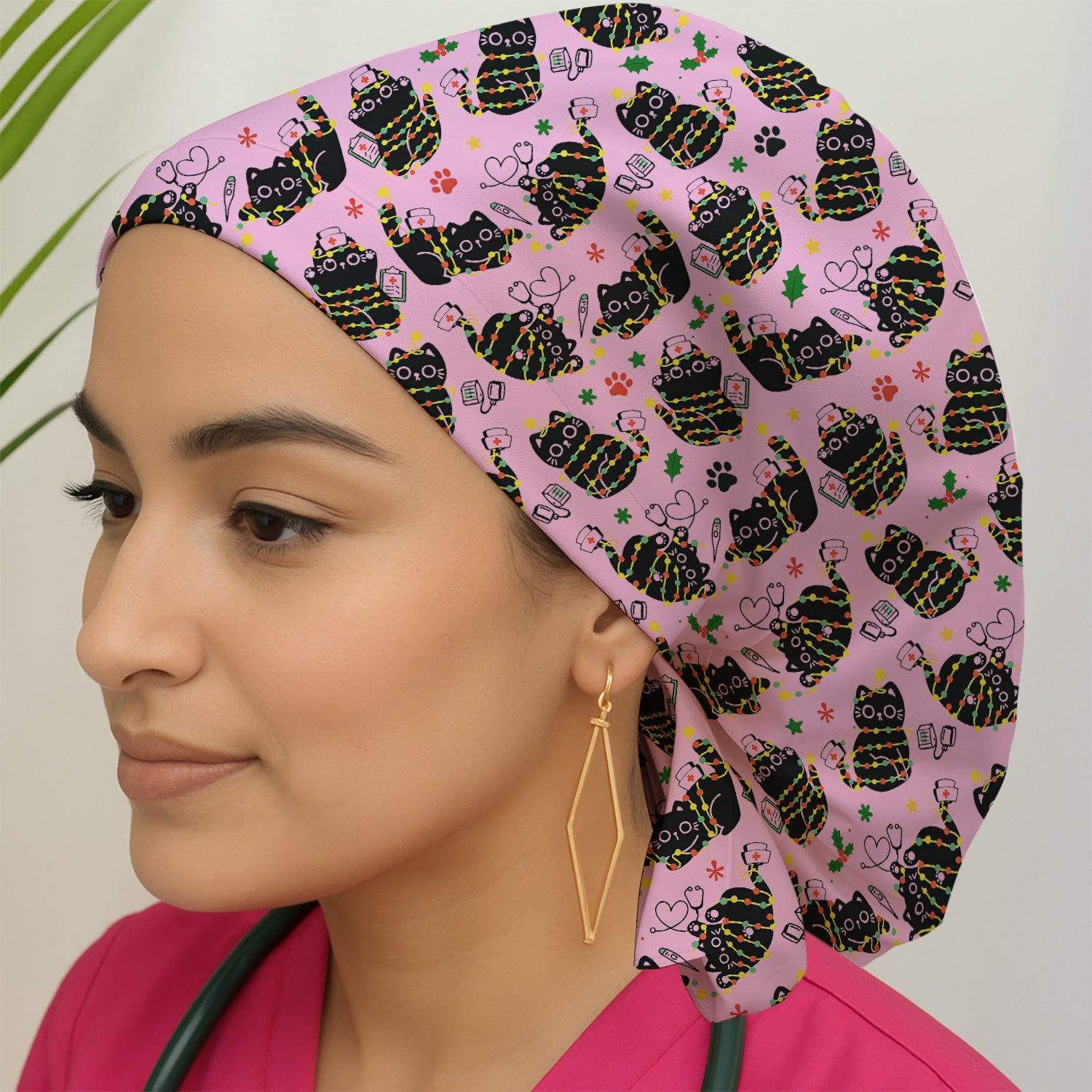Black Cat Christmas Scrub Cap – Nurse & Holiday Lights Pattern Cap – Cute Medical Uniform For Nursing