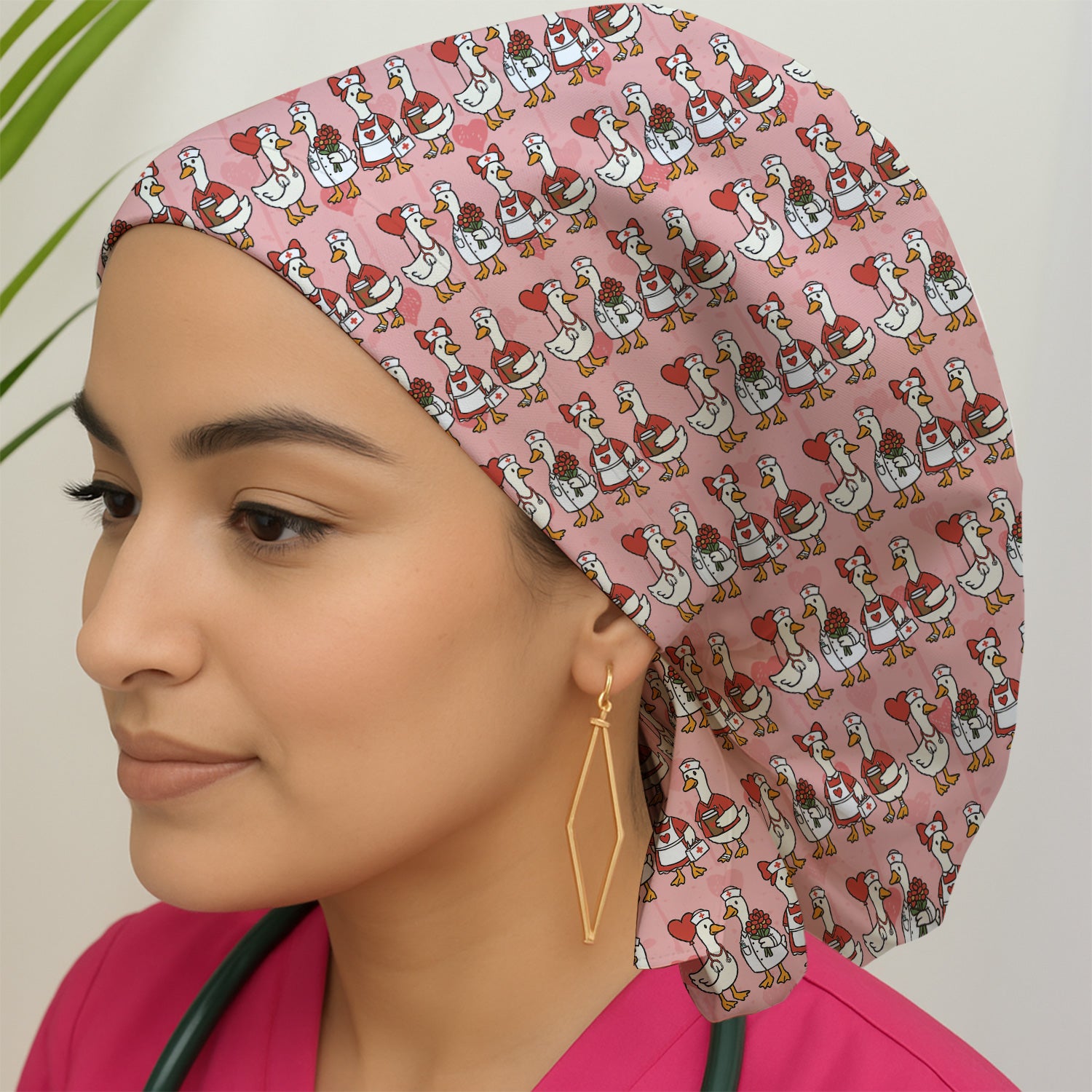 Valentine Nurse Goose with Heart Pattern Scrub Cap, Bouffant Scrub Caps for Women