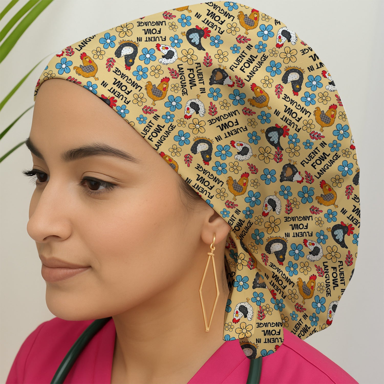 Funny Chicken Fluent in Fowl Language Pattern Cap, Bouffant Scrub Caps for Women